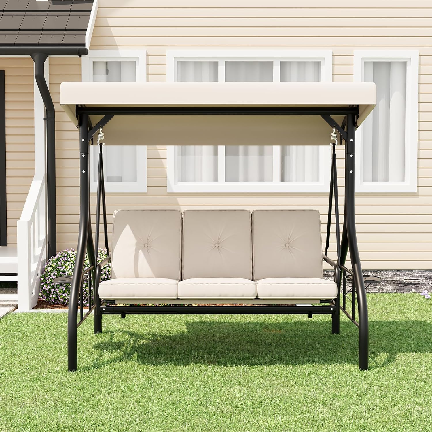 3-Seat Outdoor Porch Swing with Adjustable Canopy, Convertible Patio Swing Bed with Stand, Thick Cushions & Cup Holders, Weather-Resistant for Backyard, Garden, Porch - Beige
