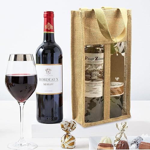 Miniatura 6 de DIWNELEM 1 paquete de bolsas de regalo de vino de arpillera con dos ventanas, doble ventana, dos botellas, bolsa de yute de arpillera para botellas