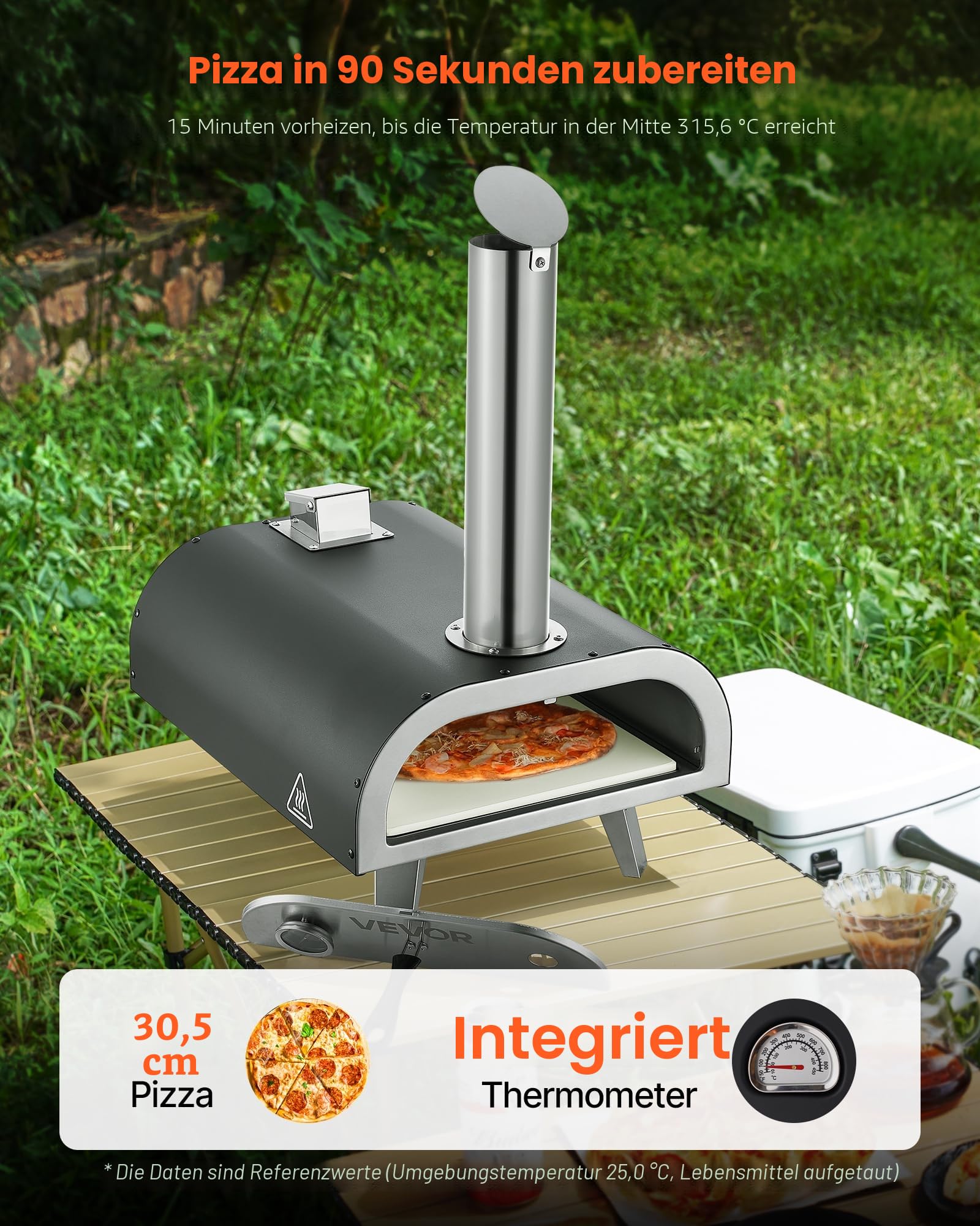 VEVOR Pizzaofen Outdoor 12 Zoll Pellet-Pizzaofen mit eingebautem Thermometer (max. 540 °C) & Schaufel & Tragtasche, tragbarer Pizzamaker für Garten Camping, Silber