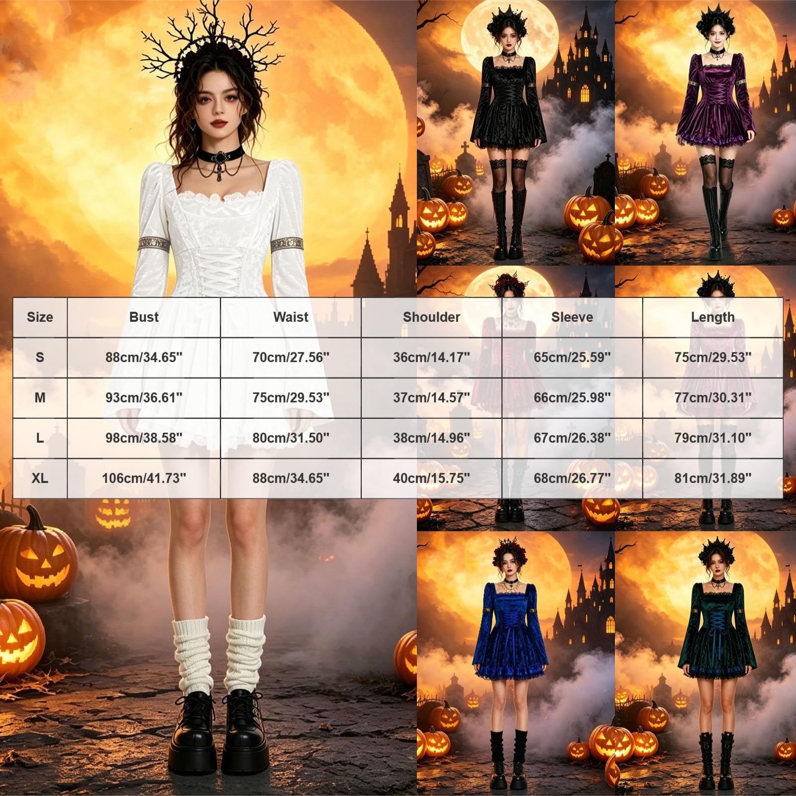 Vestido Halloween Mujer Gótico Manga Larga Escote Cuadrado Vestido Disfraz Renacentista de Terciopelo con Campana Cinta Ajustable en Cintura Falda Corta con Volantes para Fiestas de Halloween Cosplay