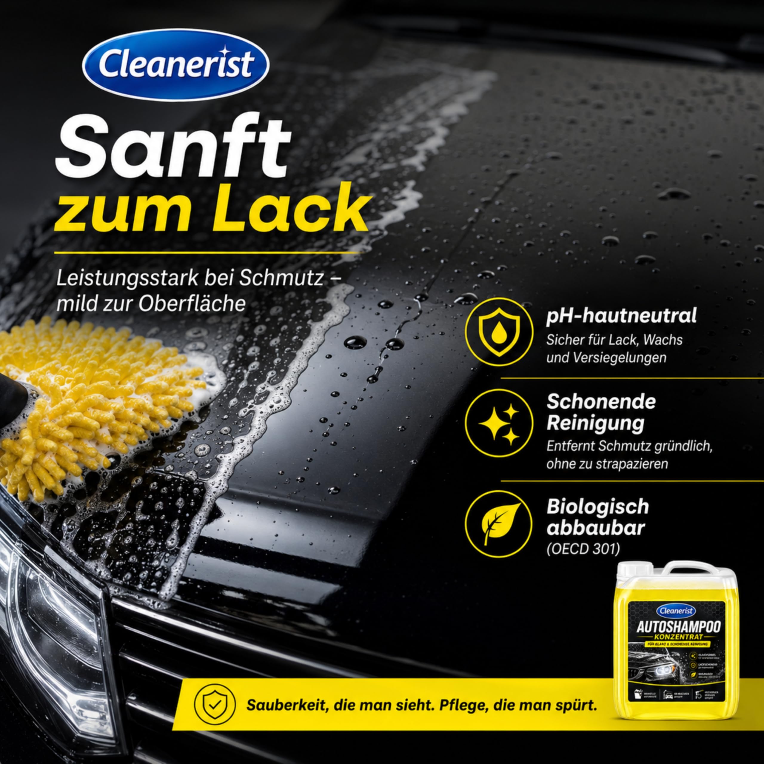 Cleanerist | 5L Autoshampoo Konzentrat für Glanz, manuelle Autowäsche & SB-Waschbox, pH-hautneutraler Autoreiniger für Lack, Hochdruckreiniger, PKW & LKW, gelbes Shampoo
