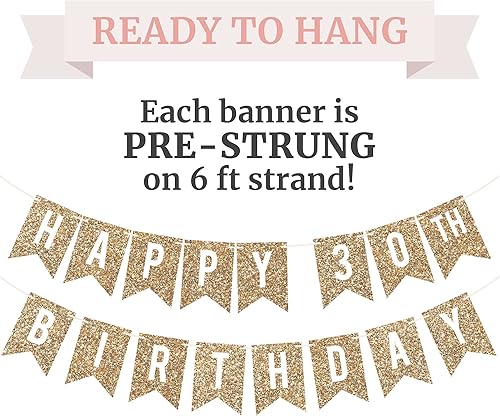 Miniatura 3 de Cartel de feliz cumpleaños número 30 pre-encordado – No DIY – Cartel de fiesta de 30 cumpleaños con purpurina dorada – Guirnalda preencordada en