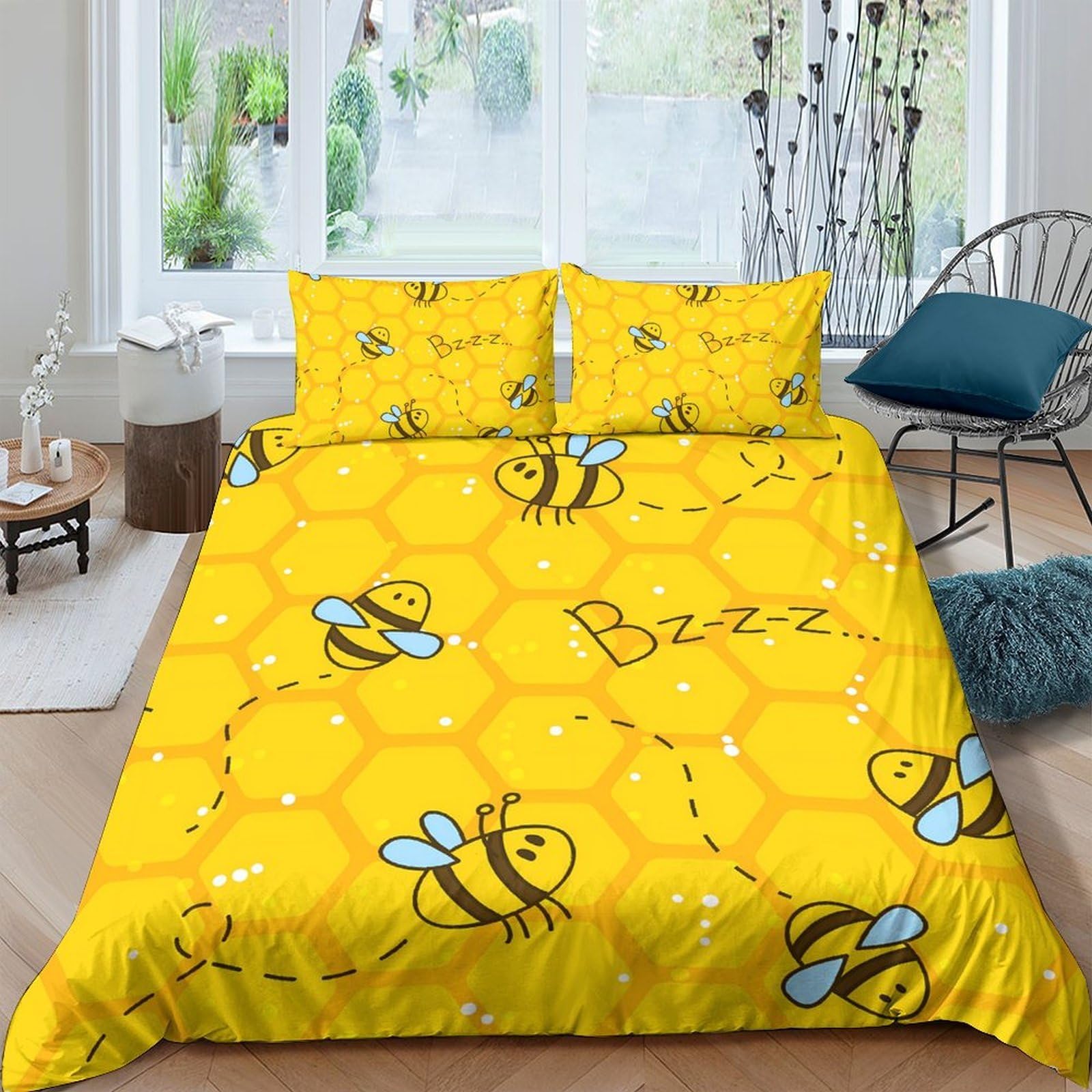 Ctjqhvkz Style-5 3D Printed Honeycomb Bee Fitted Sheet Microfiber Soft Yellow Cartoon Mattress Cover Bedroom Decor Protection Single（135X200cm）