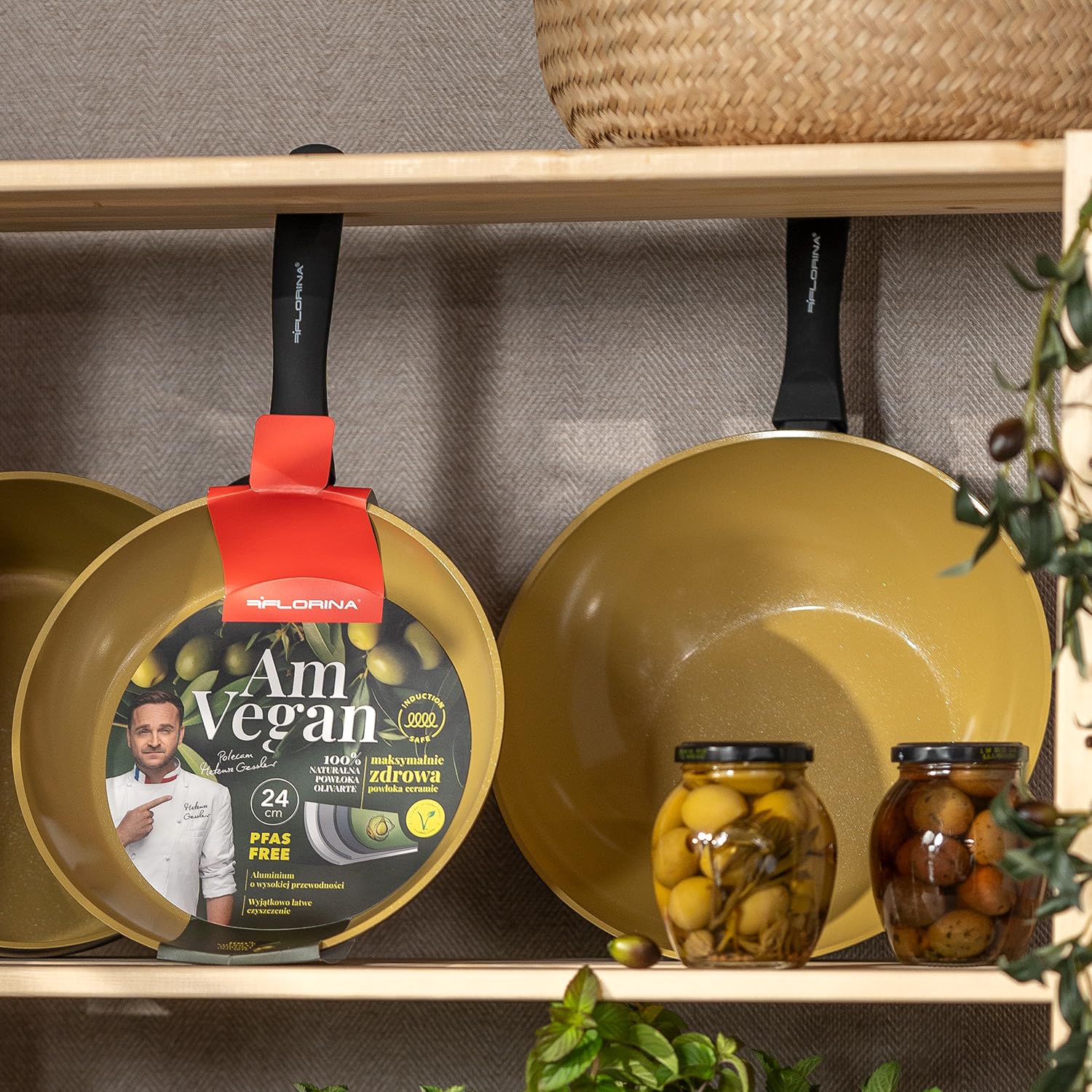 FLORINA AMVEGAN Padella in alluminio WOK 28 cm I Alta durata I Rivestimento in ceramica all'olio d'oliva I Facile da cucinare e da lavare I Per tutti i tipi di piano cottura I Design originale