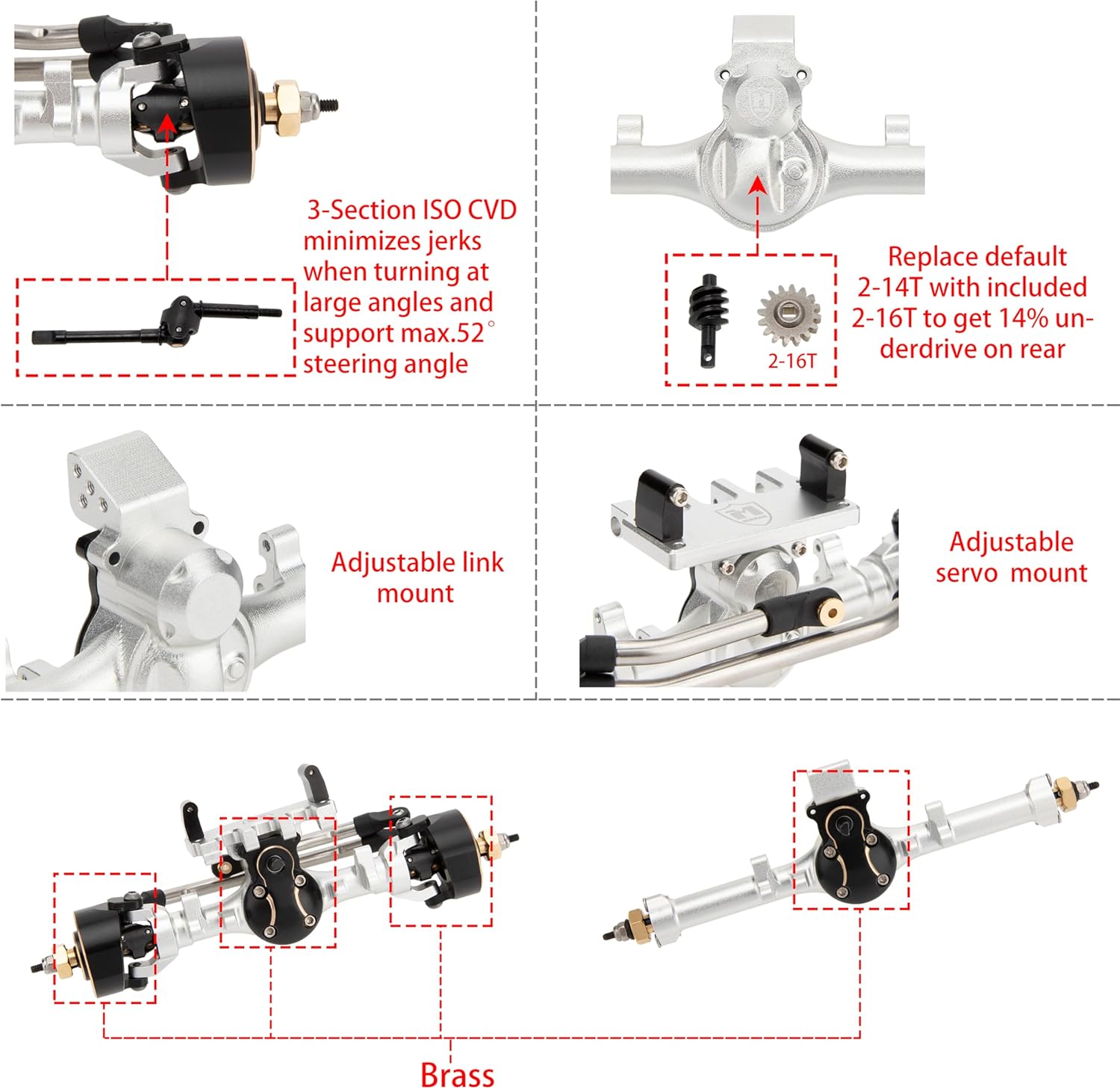 MEUS RACING 5mm ISO V2 SCX24 Axles with 3-Section CVD with Servo and Servo Horns for Axial 1/24 SCX24 RC Crawler (Silver)