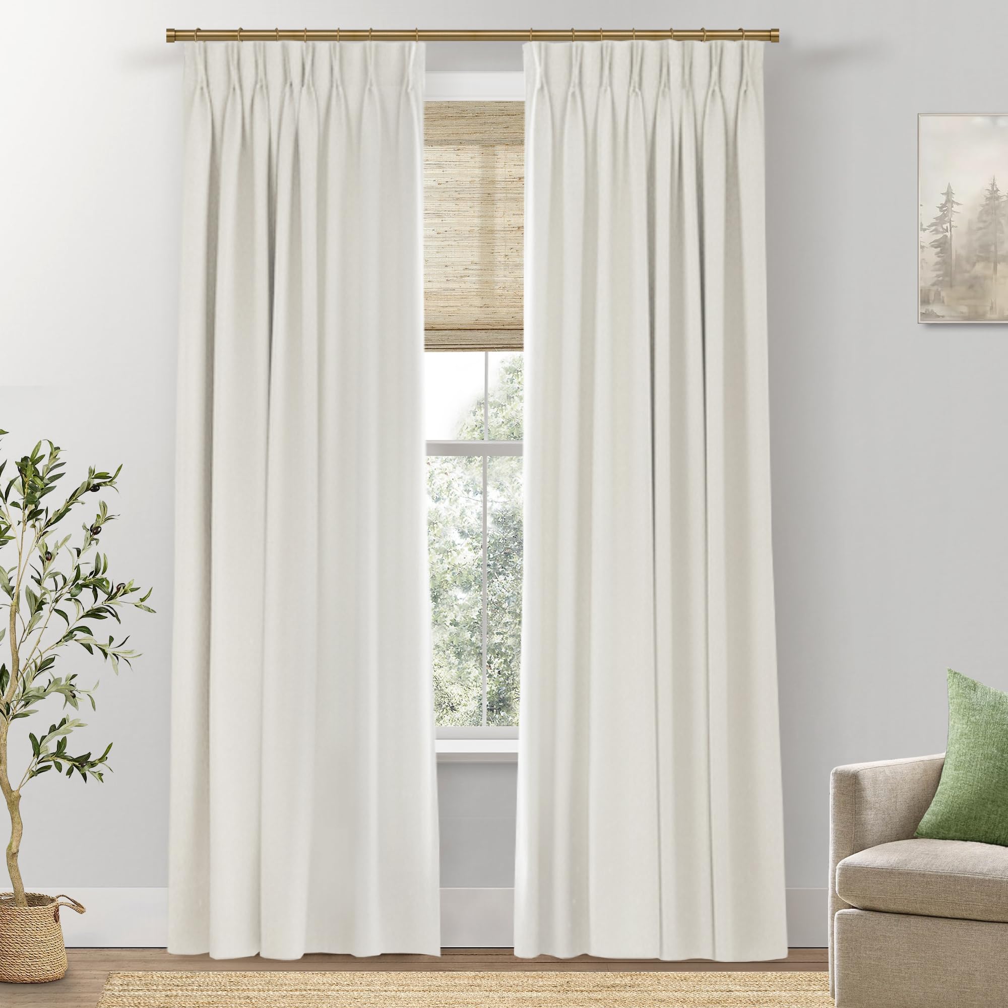 SHINELAND Cream Linen Pinch Pleated Blackout Curtains 84 Inch Long for Bedroom - Farmhouse Style Black Out Living Room Drapes 84 Inch Length 2 Panels Set