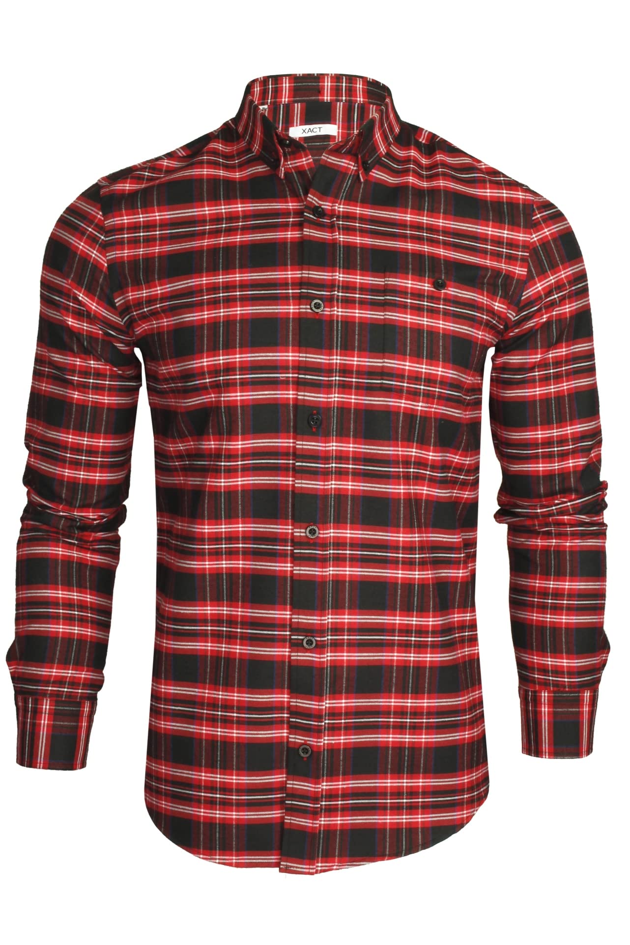 Xact Mens Tartan Plaid Button-Down Check Shirt, Long Sleeved, Regular Fit (Black/Red) XL