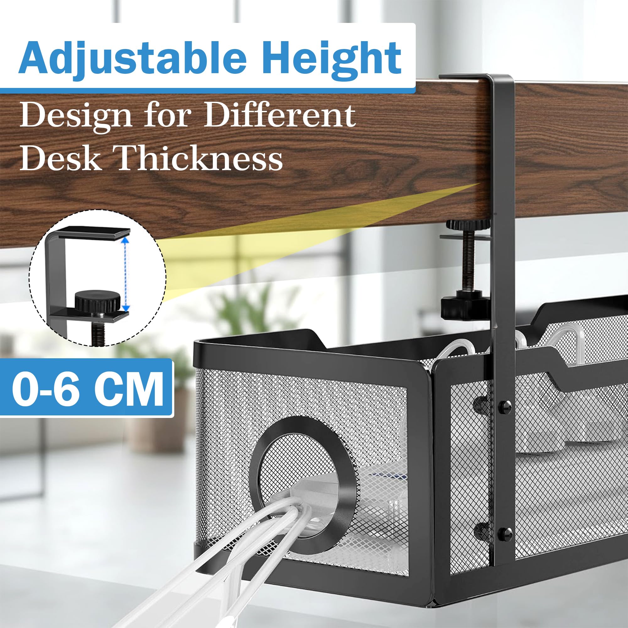 MOREBLUE® Metal Under Desk Cable Tray with Adjustable Clamp & Mobile Stand, Wire Rack for Power Cord, Extension Board & Cable, Includes Cable Holder, Velcro Strips, Screws & Allen Key — Amazon image 4