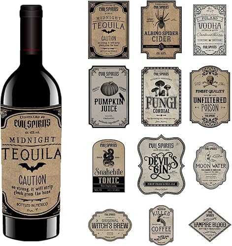 36 etiquetas de botellas de vino vintage de Halloween, etiquetas de botellas de cerveza de Halloween, etiquetas de botellas de poción, etiquetas de