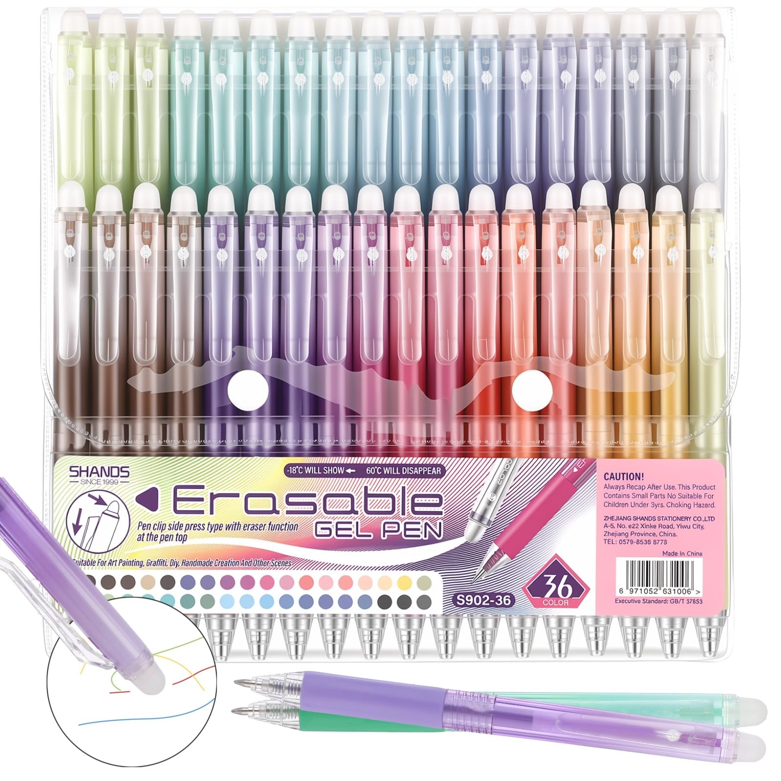 Generisch 36 penne gel cancellabili retrattili, punta fine da 0,7 mm, multicolore, tecnologia termosensibile con gomma, per disegno, scrittura, pittura, appunti