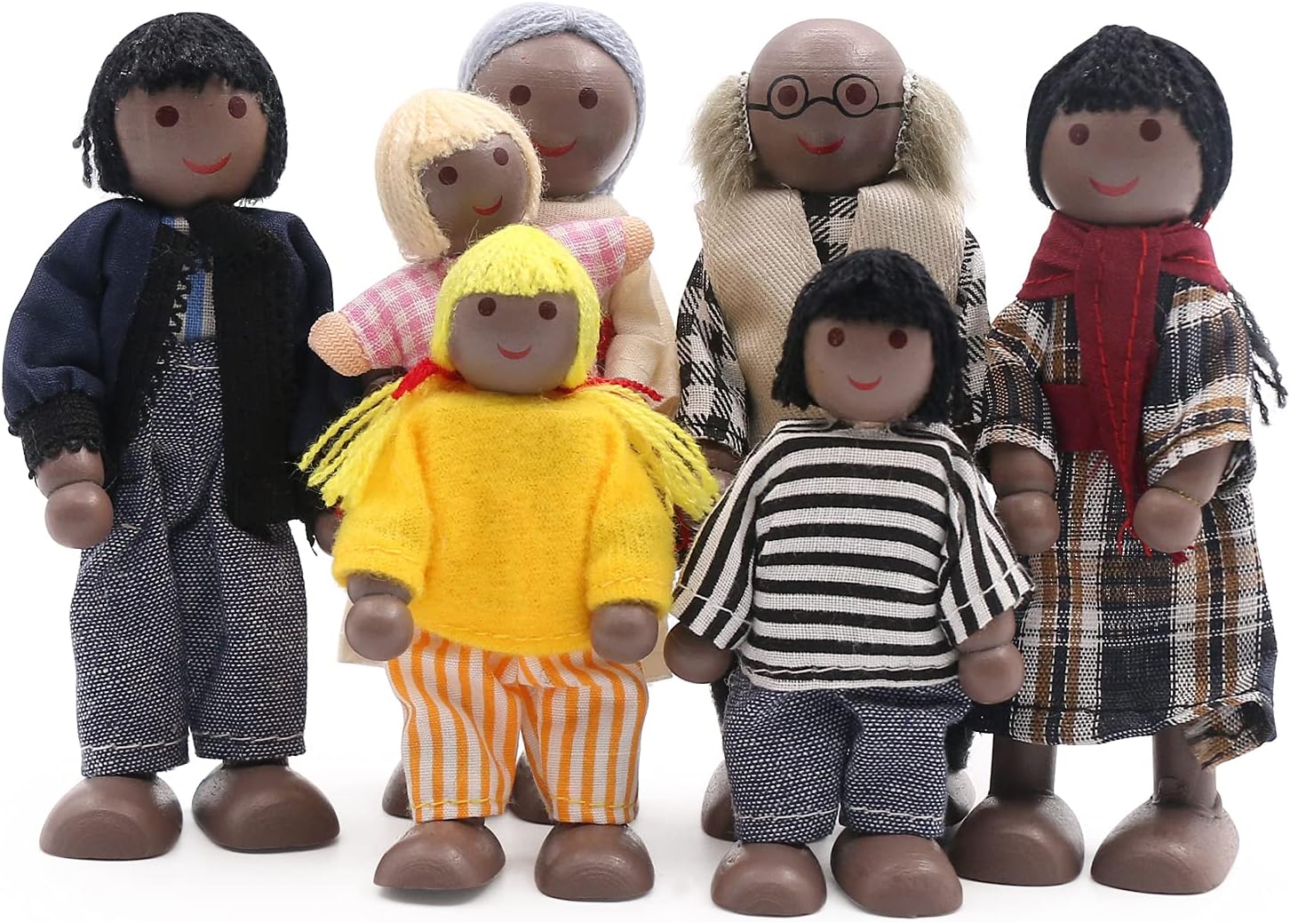 SumDirect Sets of 7 People Wooden Family Doll Toys, Lovely Happy Family Dolls Playset Doll House Accessories for Doll House Kids Children Toy (style 4)