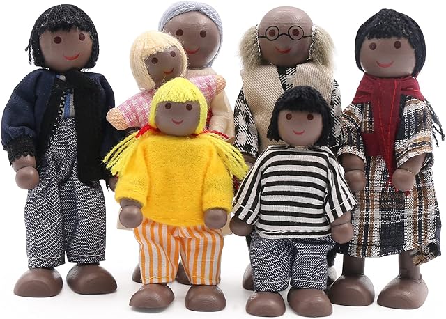 SumDirect Sets of 7 People Wooden Family Doll Toys, Lovely Happy Family Dolls Playset Doll House Accessories for Doll House Kids Children Toy (style 4)