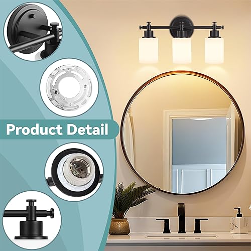 Miniatura 4 de Lámparas de baño negras de 3 luces, modernas luces de tocador sobre el espejo, apliques de pared de baño con pantalla de vidrio blanco, enchufe E26,
