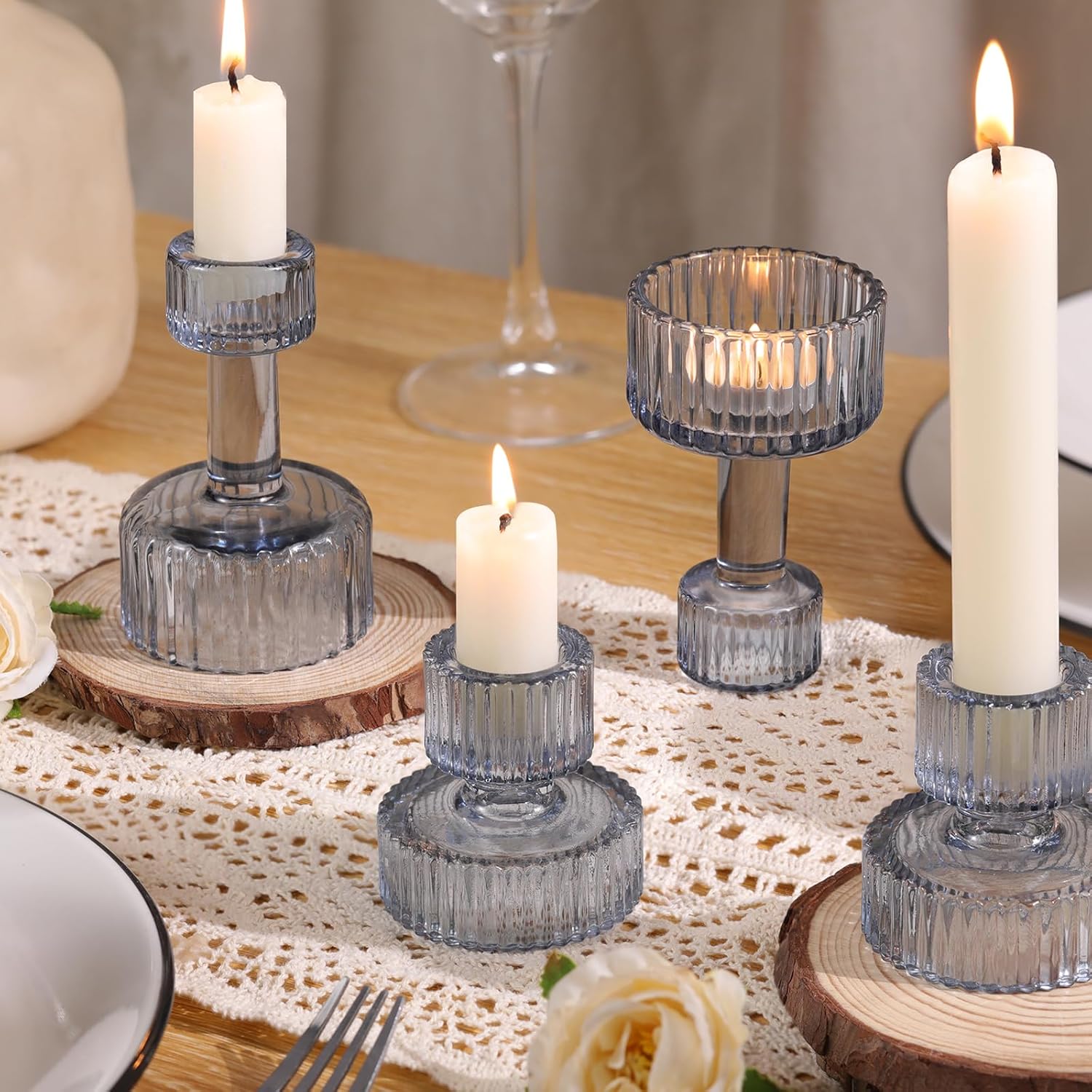 Candlestick Holders Bulk, 6 Pcs Blue Combination Candle Holders Set, Crystal Candle Holders for Wedding, Table Centerpiece, Home Decoration - Image 3