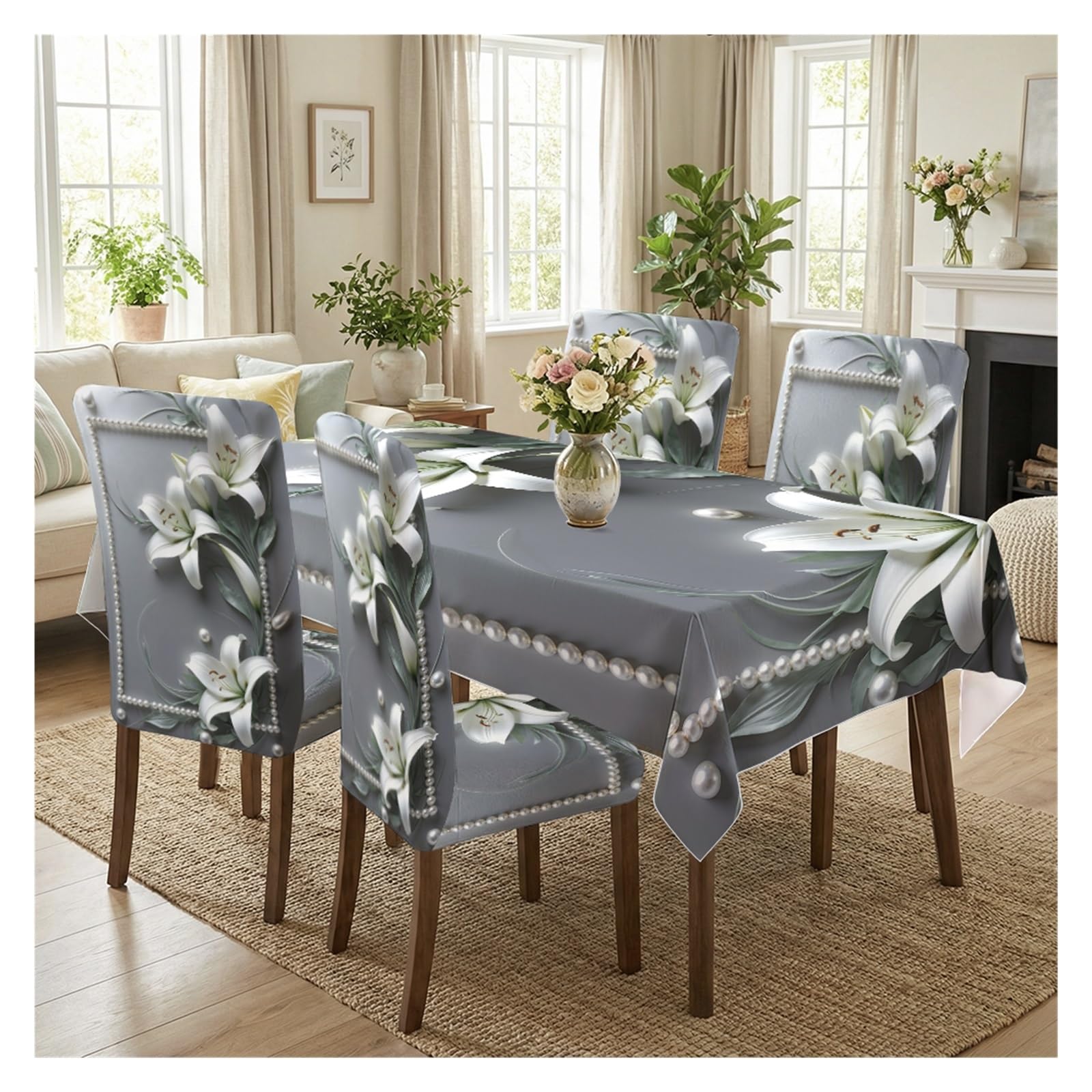 BOSUYBN Elegant Grey White Lily Pearl Dining Set, 5/7 Piece Luxury Floral Tablecloth And Stretch Chair Slipcovers For Refined Home Interior Table Setting(5pcs Set: Tablecloth+Chair Covers)