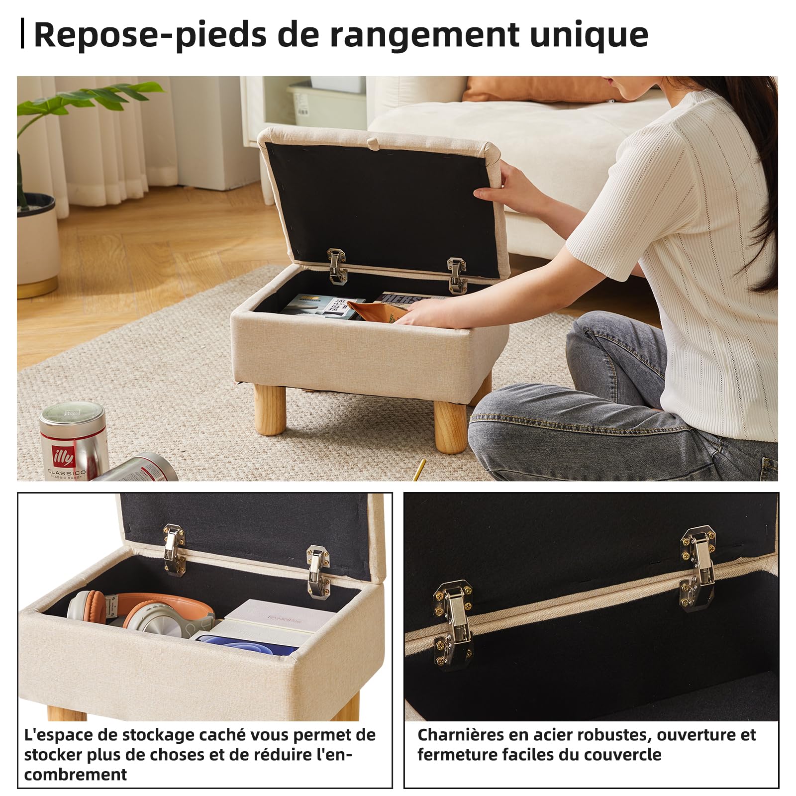 Aibiju Repose-Pieds avec Rangement, Petit Repose-Pieds Ottoman, Repose-Pieds en Tissu avec Pieds en Bois pour Salon, Chambre à Coucher, entrée, Beige, YD-JD1361