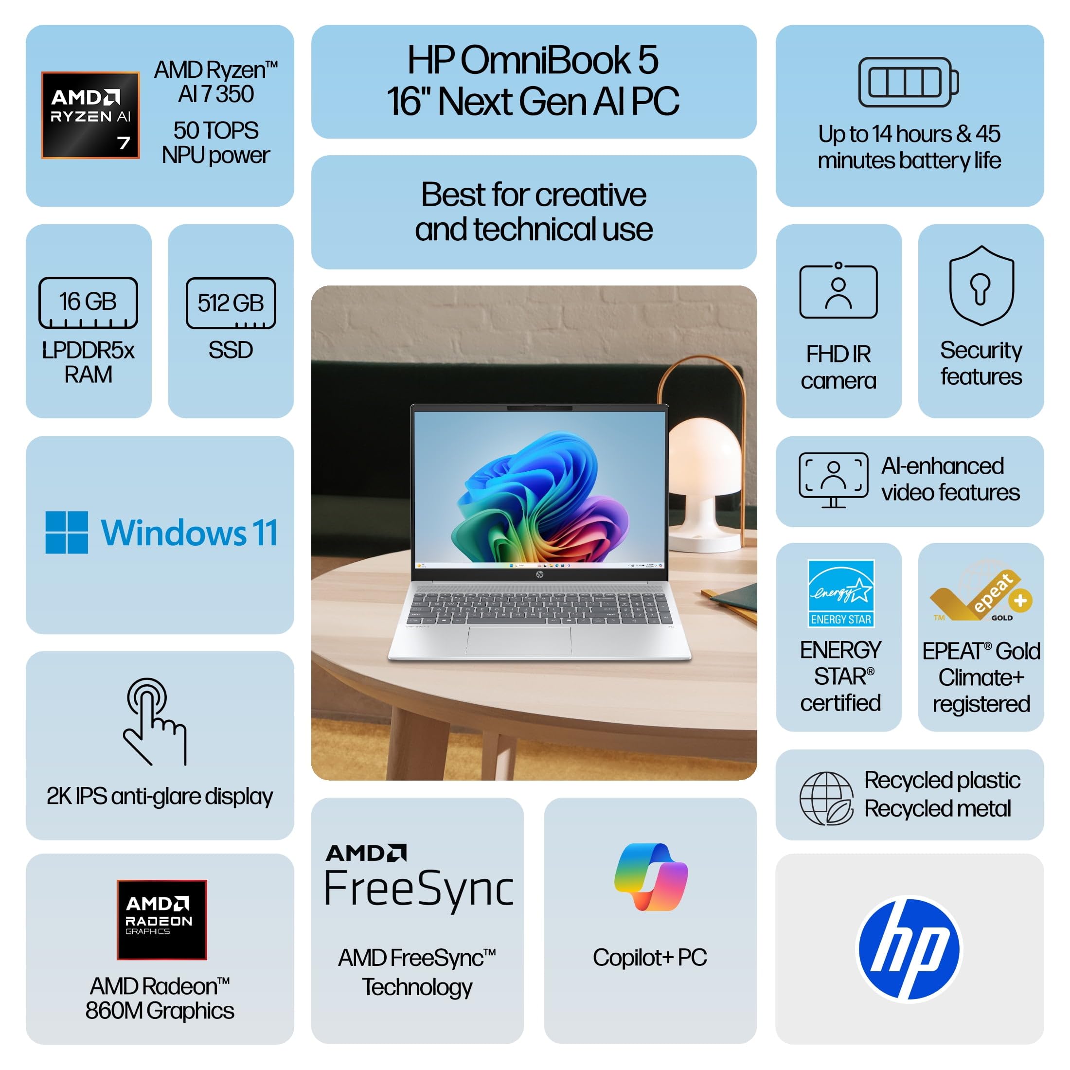 Amazon.com: HP OmniBook 5 Laptop: Ryzen AI 7 350, 16GB DDR5 RAM