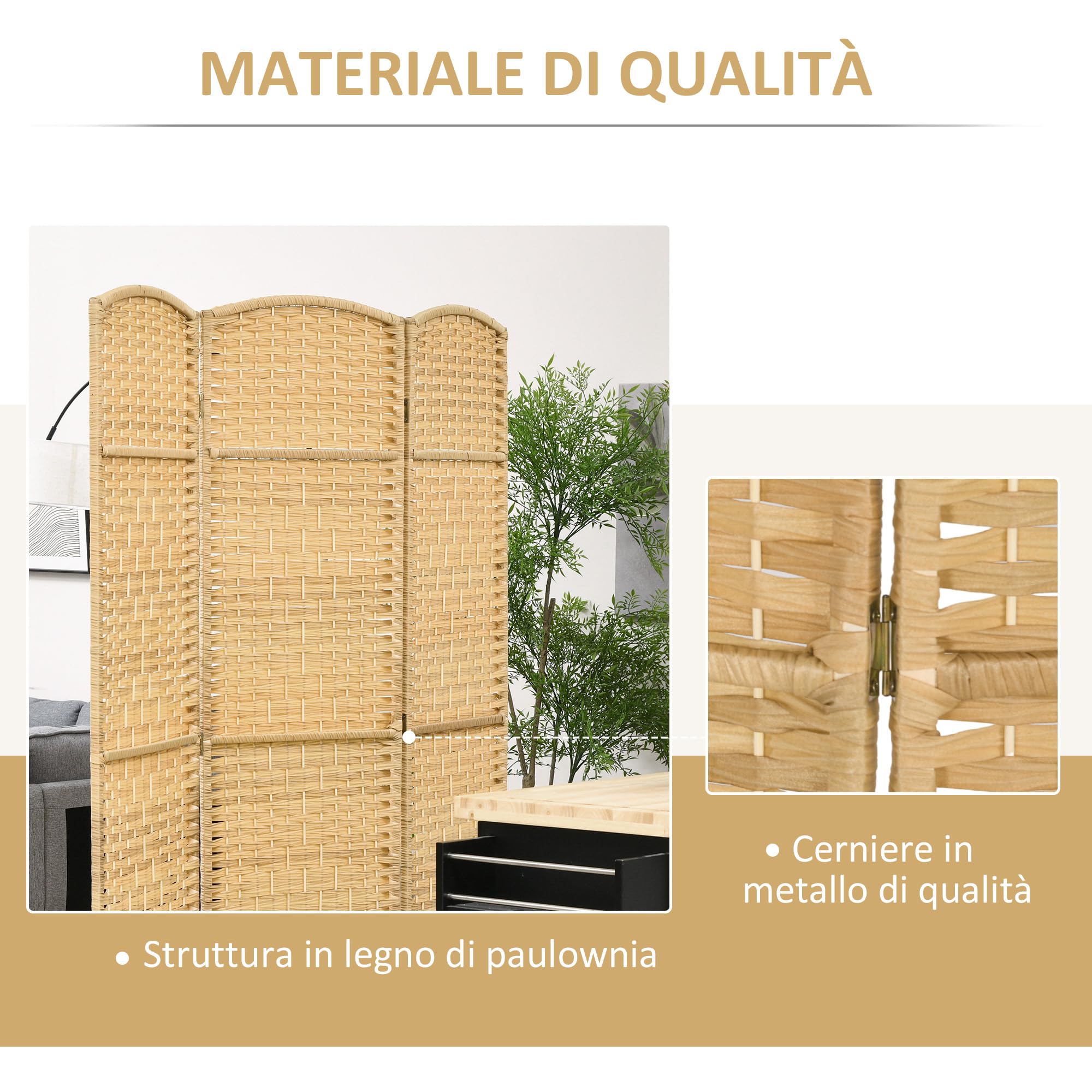 HOMCOM Paravento da Interno a 3 Pannelli Pieghevole, 135x180 cm Separé Divisorio per Ambienti Interno Autoportante Intrecciato in PP e Legno di Pino per Casa, Soggiorno e Ufficio, Effetto Naturale