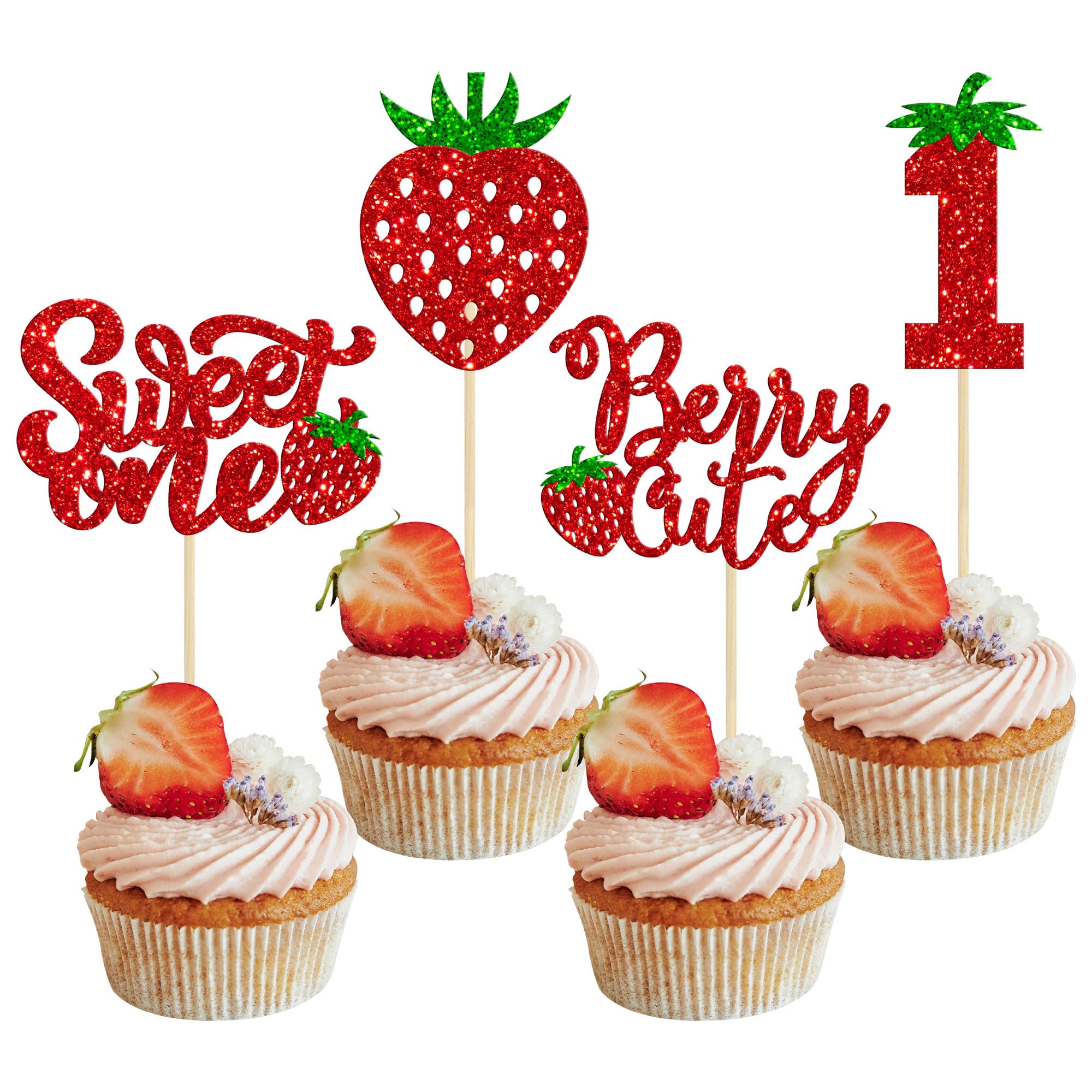 24Pcs Sweet One Cupcake Toppers Glitter First Birthday Strawberry Cupcake Picks for Fruit Baby Shower 1st Birthday Berry Sweet Cupcake Decorations Party Supplies Red