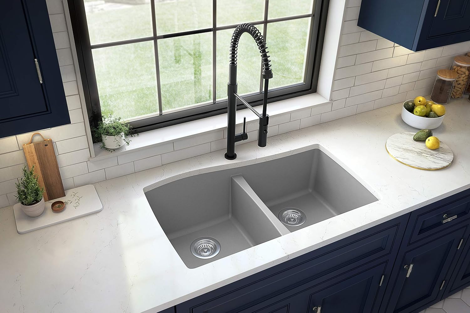 Karran QU-720 Undermount Granite/Quartz Composite Kitchen Sink 33 in. 50/50 Double Bowl in Grey
