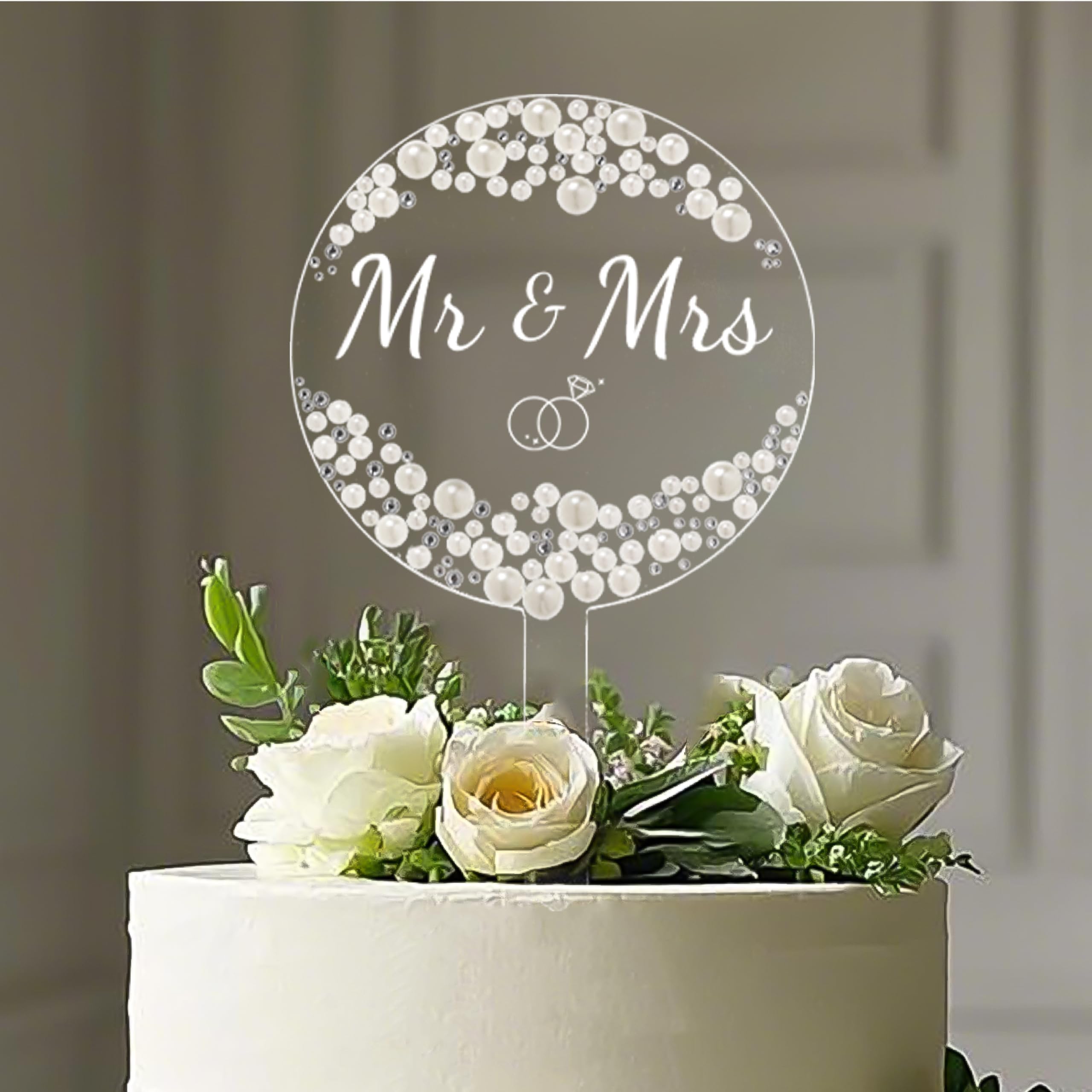 Litvana Mr and Mrs Cake Topper - Wedding Cake Decor with Pearls and Rhinestones for Engagement Bridal Anniversary Round