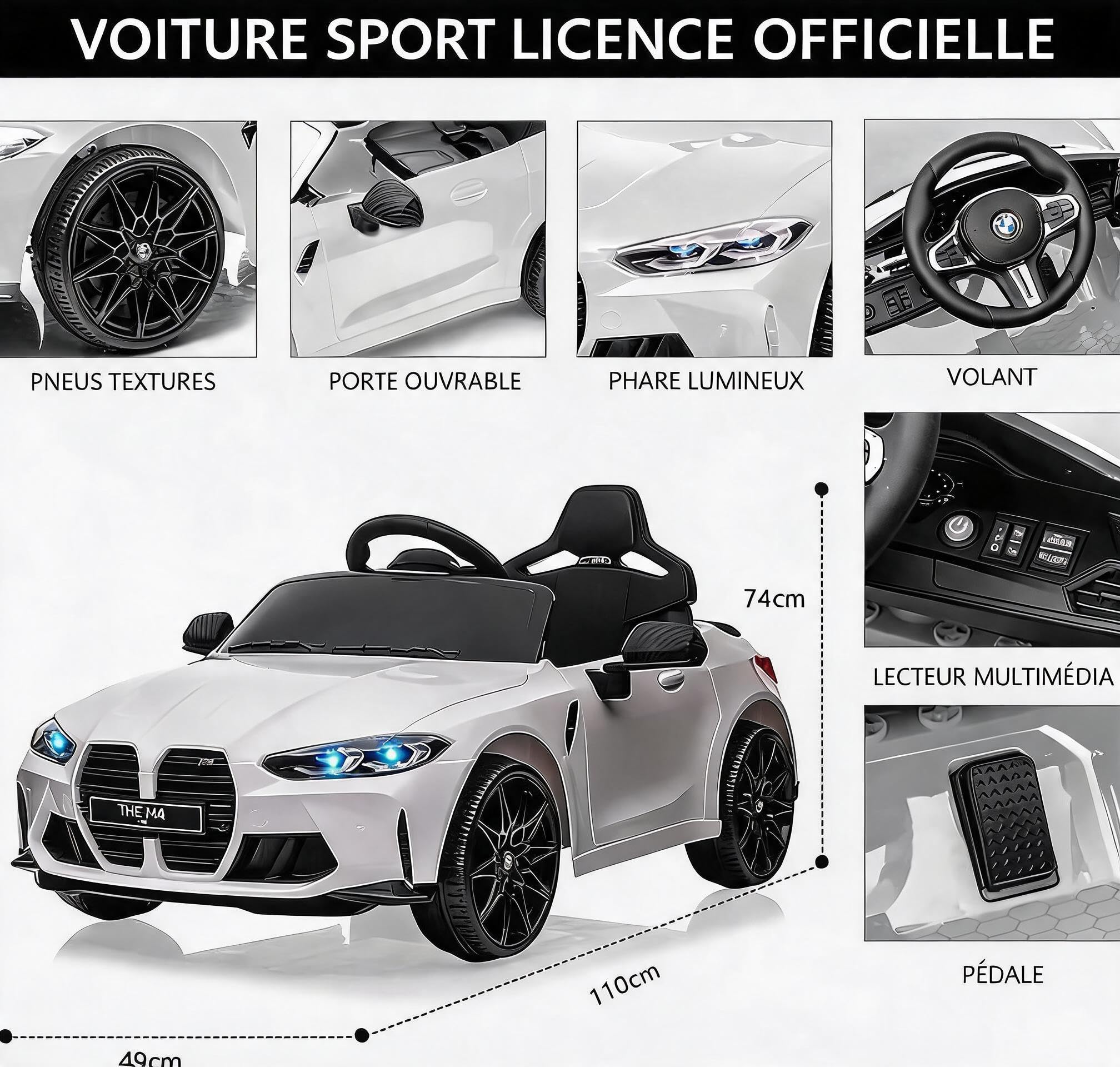 Voiture Électrique Enfant avec Télécommande Parentale, Véhicule Électrique avec Klaxon, Musique Et LED, Vitess 3-5 Km/h, Charge 30 kg, pour Enfants 3+ Ans, Blanc