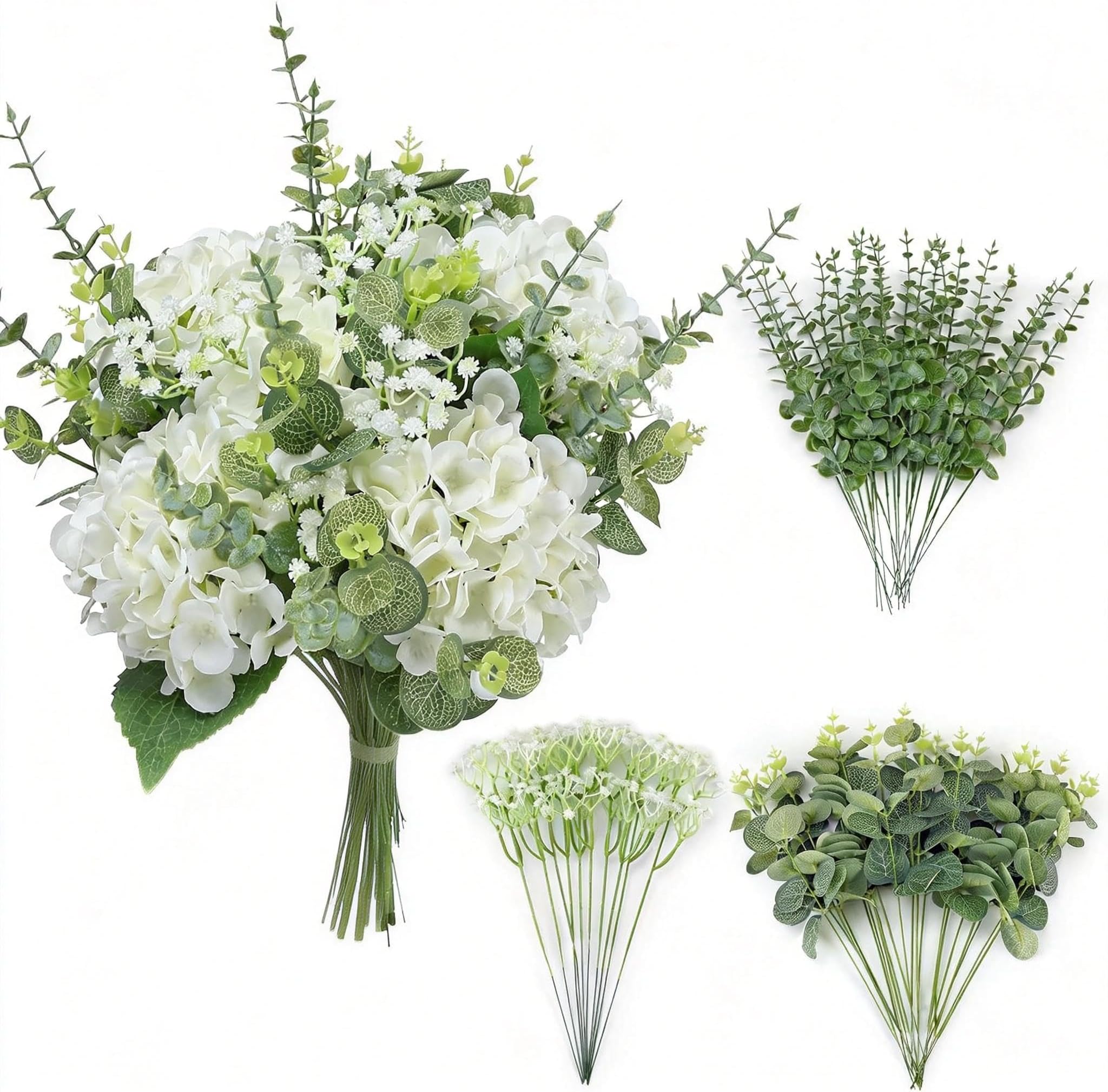 4 Kinds 55PCS Silk Hydrangea Artificial Flowers Eucalyptus Stems, Fake Flower Suitable for Vase Bedroom Kitchen Decor Home Party Table Wedding Decor DIY Floral Decoration