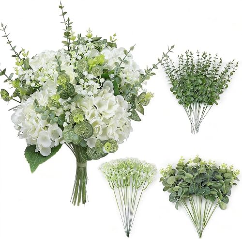 55pcs Hydrangea Artificial Flowers, Silk Fake Flower for Home Vase Decor | Real Touch Faux Hydrangeas Flower with Eucalyptus Stems, Fake Flowers for Bedroom Bathroom Office Table Decor DIY Decoration
