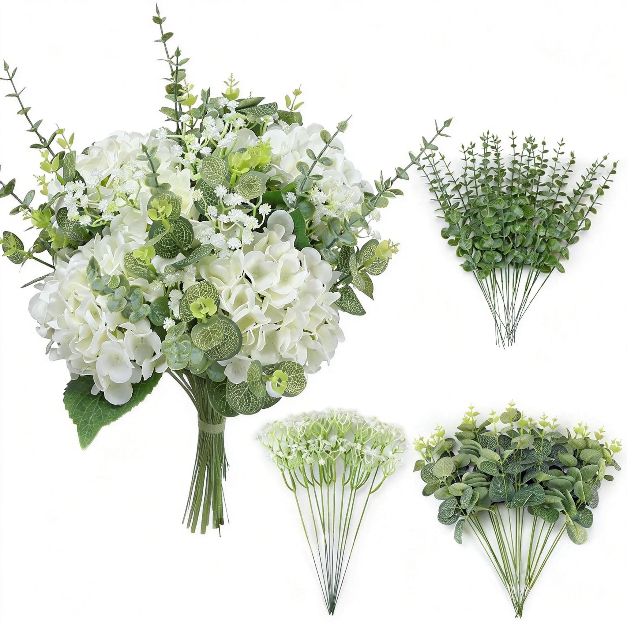 Photo 1 of Qunwreath 4 Kinds 55PCS Silk Hydrangea Artificial Flowers Eucalyptus Stems, Fake Flower Suitable for Vase Bedroom Kitchen Decor Home Party Table Wedding Decor DIY Floral Decoration