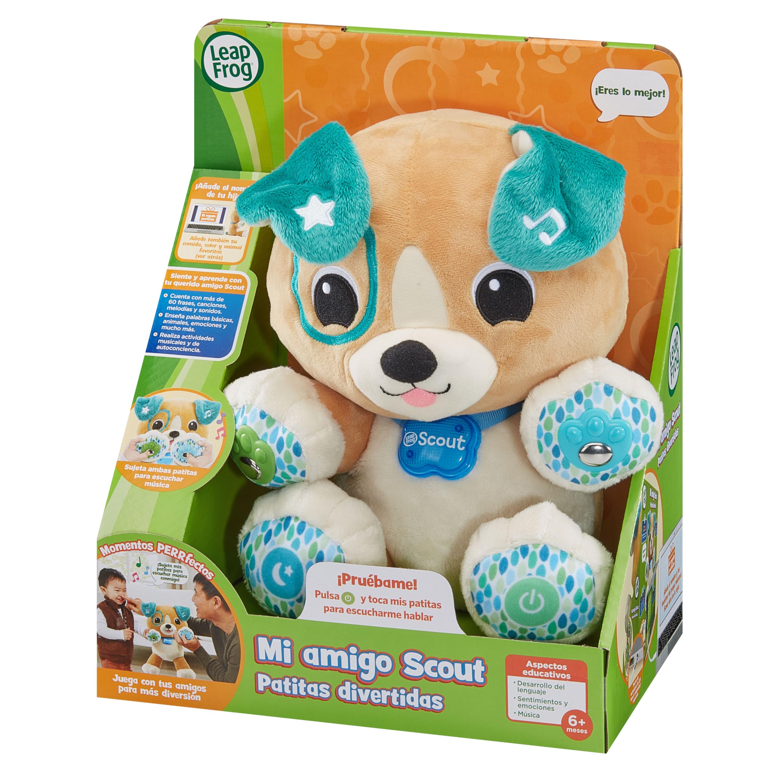 VTech Leapfrog Amigo Scout patitas Divertidas, Peluche sensorial para bebés, Perrito Interactivo, Personalizado con tu Nombre, Regalo niños +1 año, Versión ESP