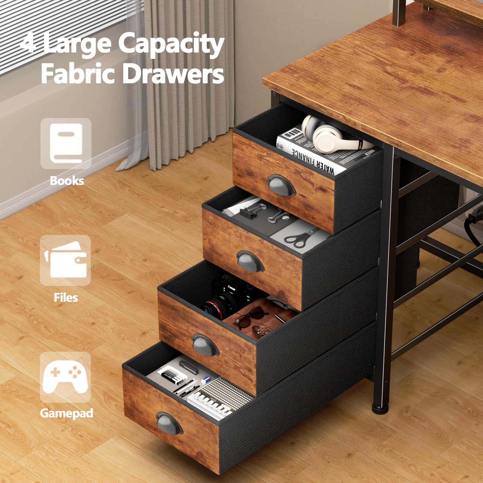 Furologee Bureau D’ordinateur 152,4 Cm Noir Avec Tiroirs, Prises électriques, Lumières LED Et Classeur En Tissu – Bureau Gaming, étude, écriture