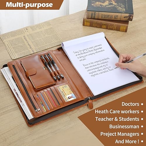 Miniatura 5 de Carpeta portafolio de cuero - Organizador de padfolio con cremallera  Cuaderno de padfolio  Organizador de documentos folio  Organizador de negocios