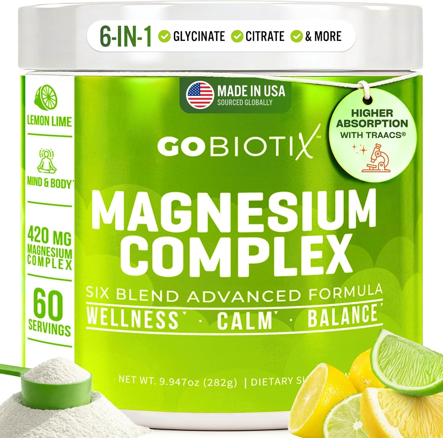 GoBiotix Magnesium Glycinate Powder – Cortisol Supplements for Women and Men – High Absorption Magnesium Complex Calm Supplement with Citrate, Malate – Sugar Free – 420 mg, 60 Servings - Lemon Lime