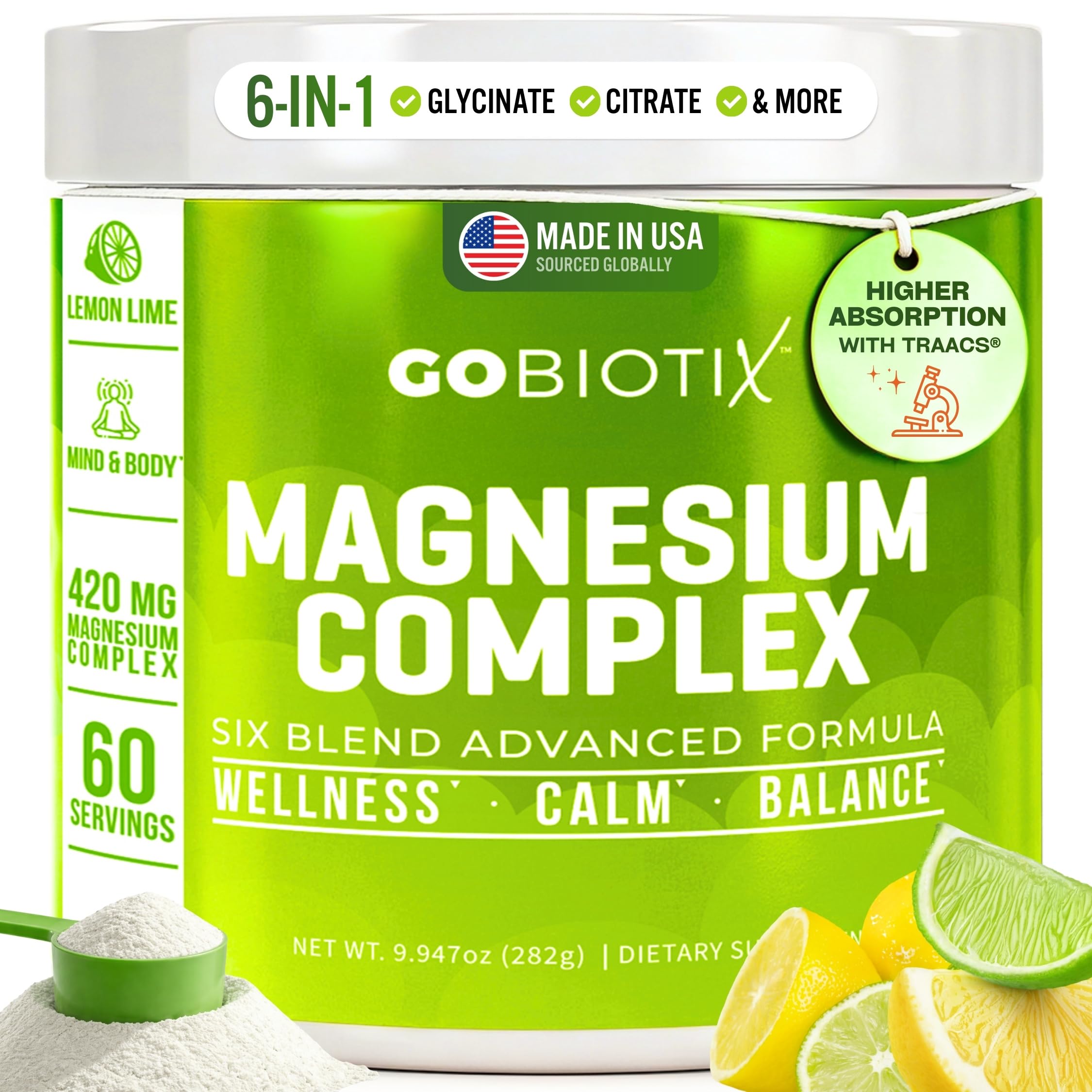 GOBIOTIX Magnesium Glycinate Powder – 6-Form Magnesium Complex: Malate, Citrate & More – Sleep, Stress & Calm Support for Women & Men – High Absorption, Sugar Free – 420mg, 60 Servings (Lemon Lime) Lemon Lime - Green