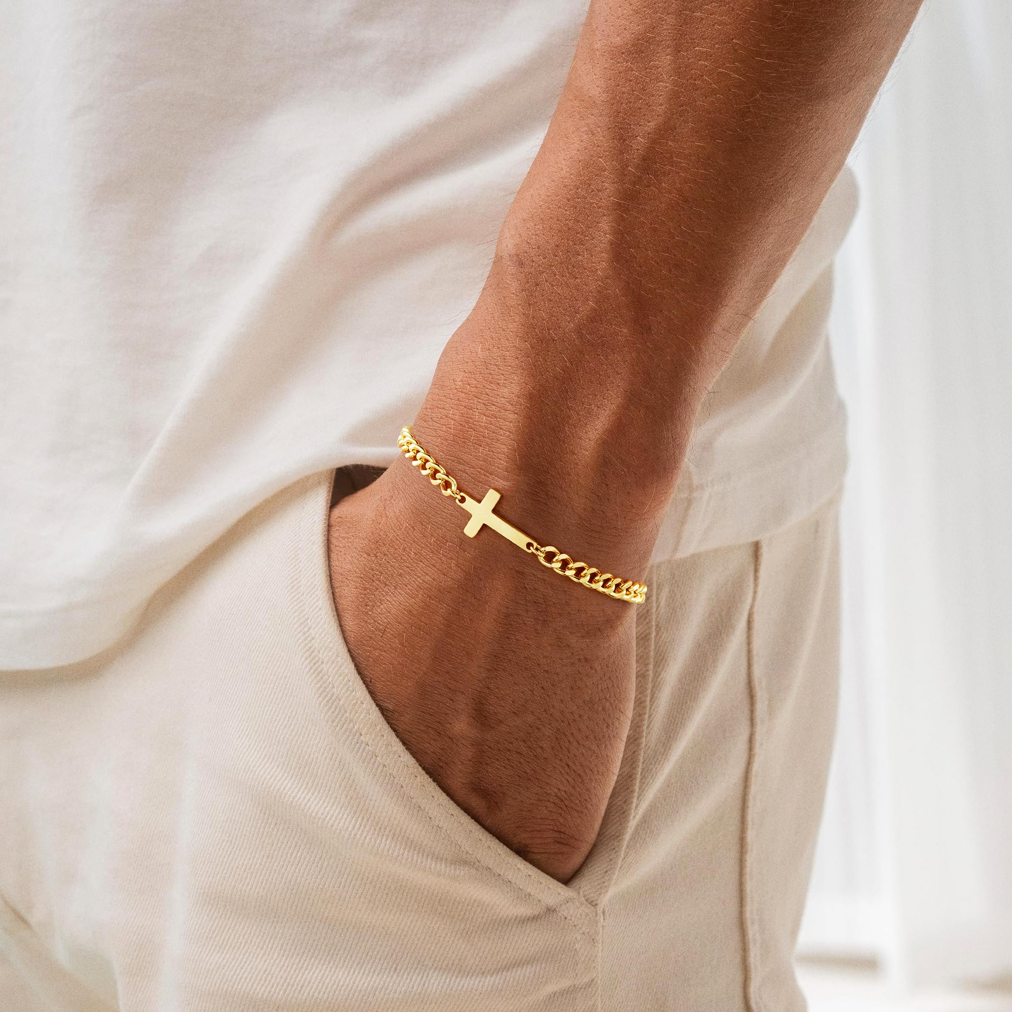 TINGN Bracelet pour homme en acier inoxydable 316L - Bracelet pour homme - Figaro cubain - Chaîne de réservoir avec croix - Cadeau pour homme, père, petit ami, frère