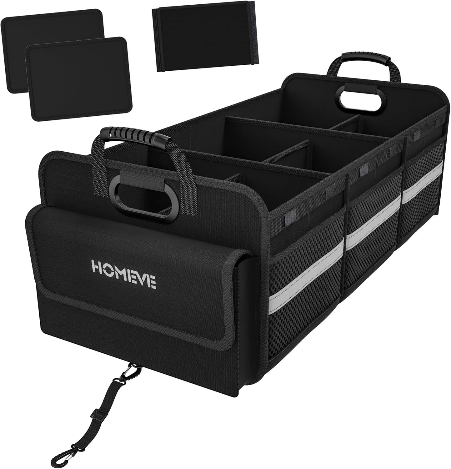 Homeve Trunk Organizer, Car Storage, Reinforced Handles, Collapsible Multi-Compartment, Foldable, Waterproof, Sturdy, 600D Oxford Polyester For Car, SUV, Mini-Van, Black, 3 Compart