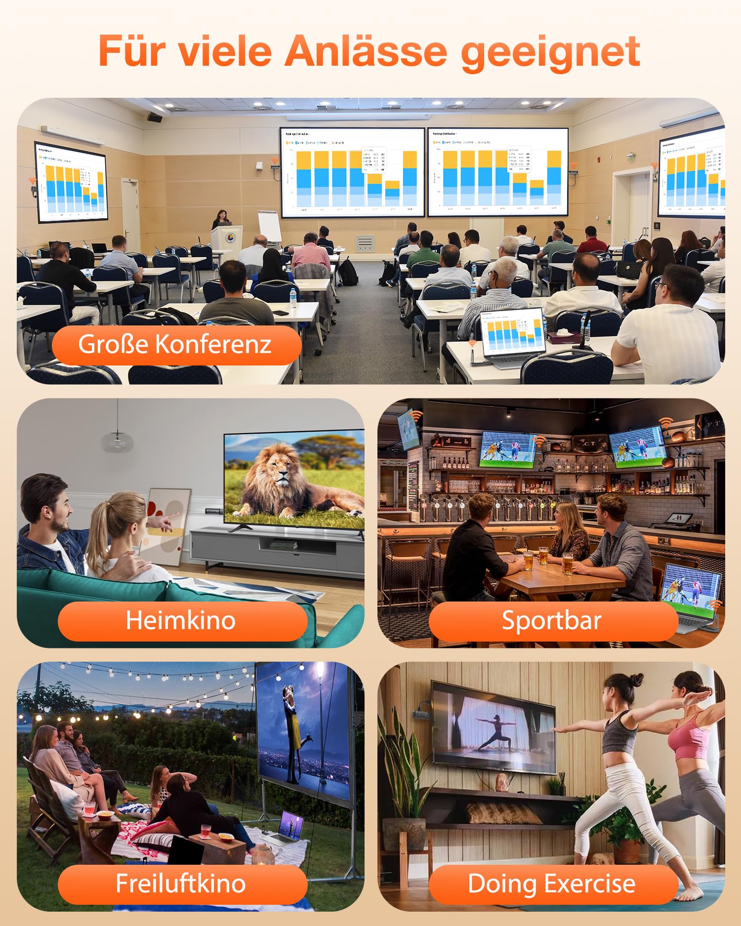 2026 AIMIBO Wireless HDMI Transmitter and Receiver, 5G HDMI Funkübertragung auf bis zu 6 TVs, 4K-Eingang 1080p@60Hz mit Faltbare Antenne für Laptop/PC/TV Box/CCTV auf mehrere TV/Monitor/Beamer-50M