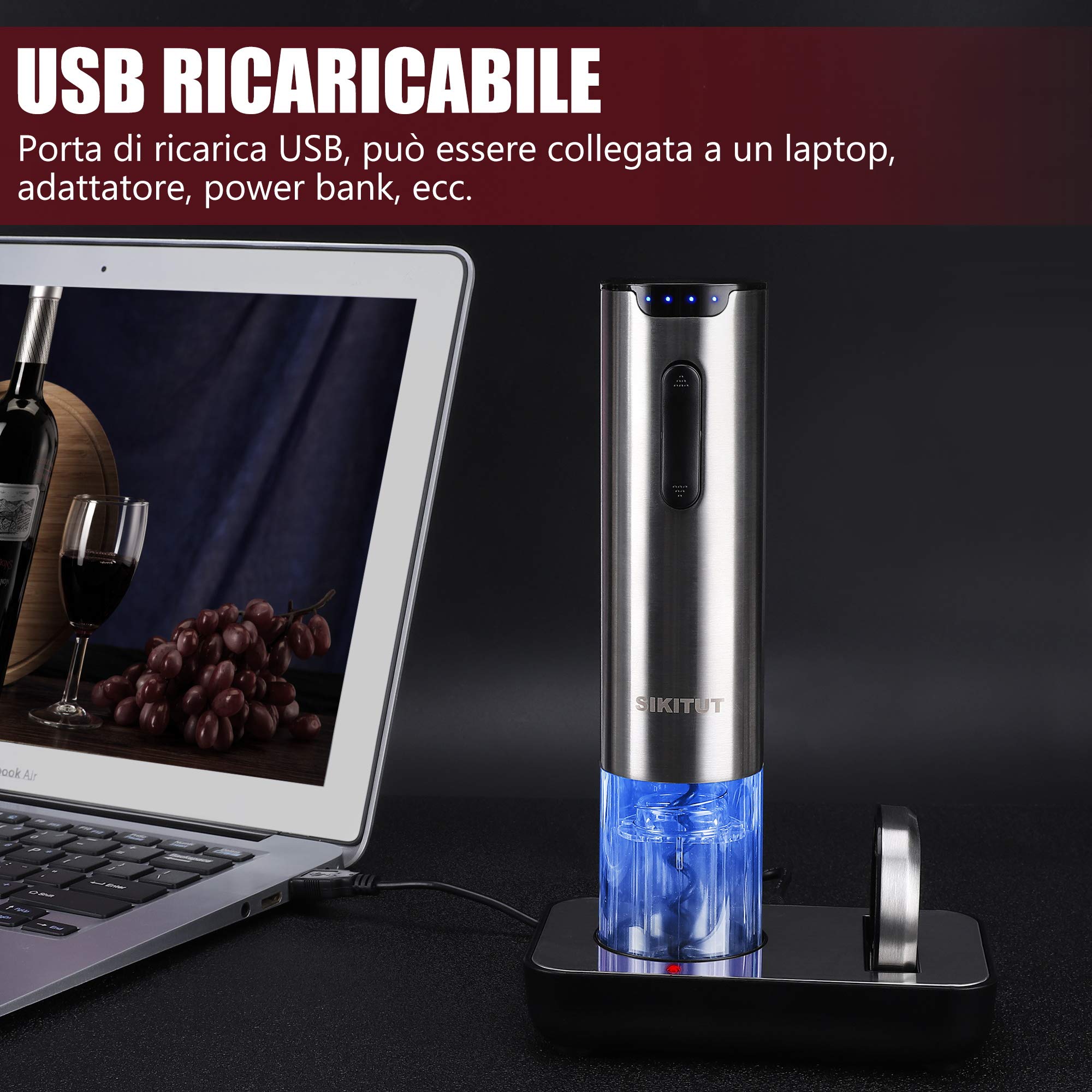Cavatappi Elettrico Professionale Acciaio Inossidabile con Indicatore LED Batteria e Base Ricarica USB