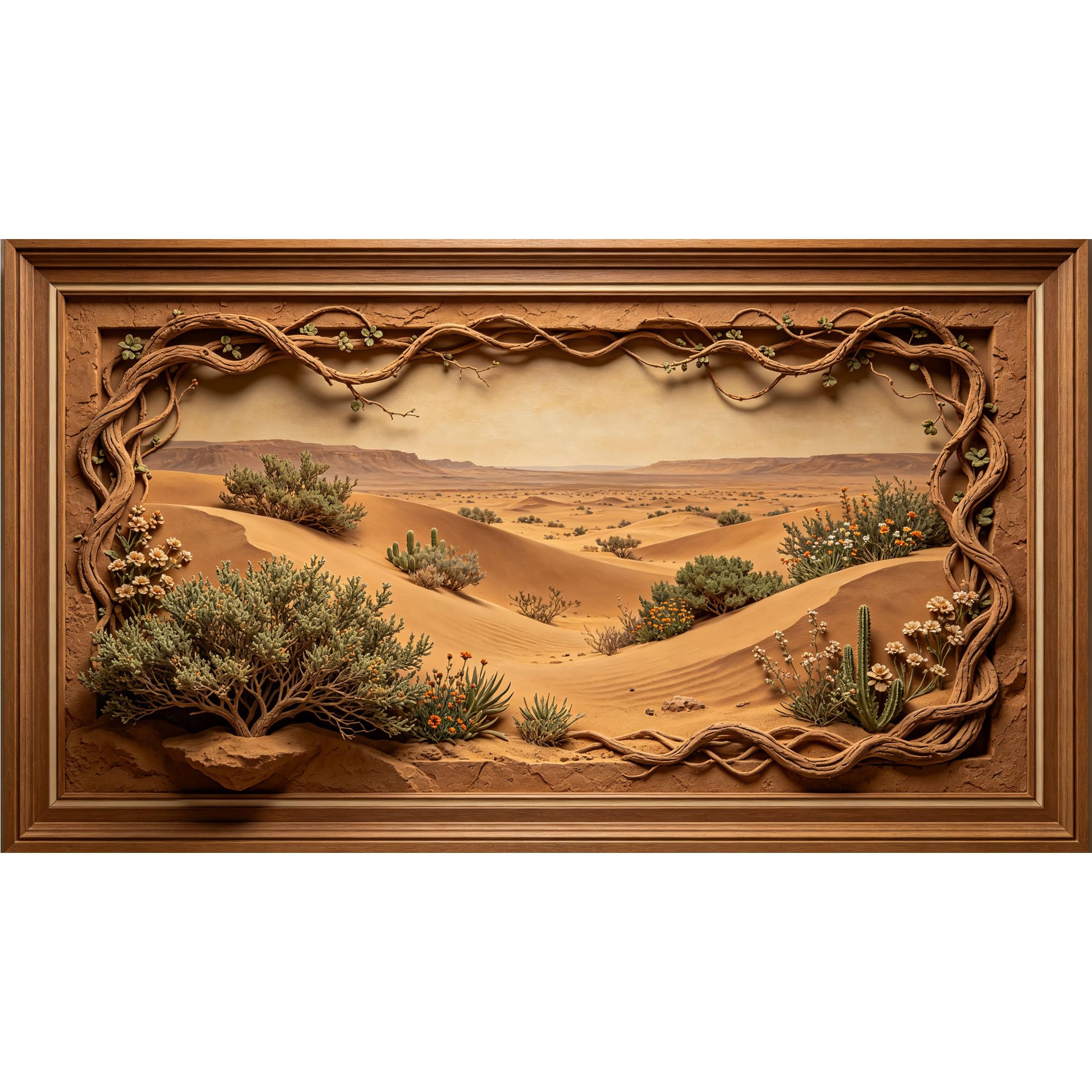 QZLITHOTIC 50×90cm3D Framed Wall Art， Desert Landscape Botanical SelfAdhesive Mural， Water?Activated Peel & Stick Fabric Decor Wall Decal for Bedroom Living Room