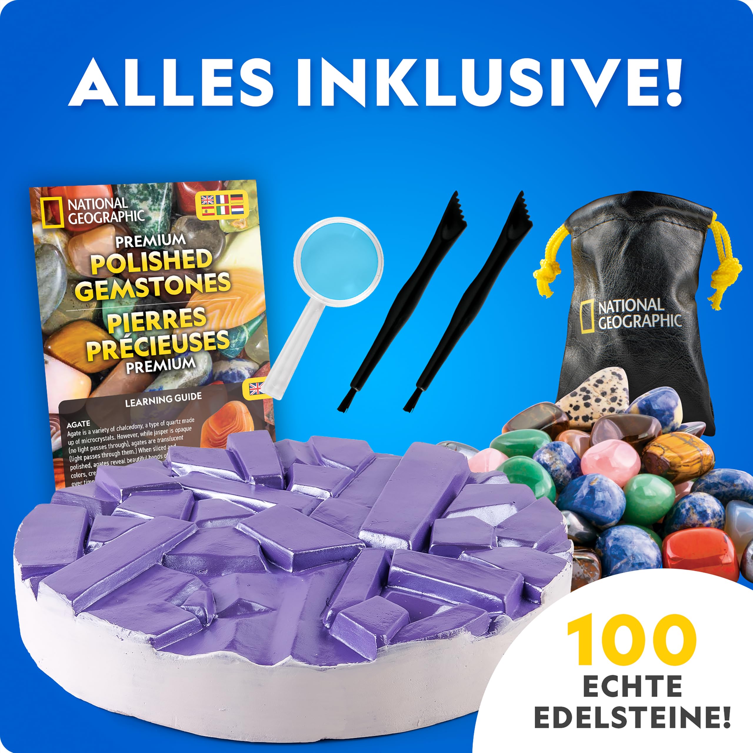 NATIONAL Geographic Riesiges Edelstein-Ausgrabungsset – 100 echte Edelsteine aus einem XXL-Ausgrabungsblock, Geologie-Set für Kinder, Mint-Aktivität mit Werkzeugen & Lernmaterial | Riesiger Grabstein, Amethystquarz und Tigerauge, Edelstein-Bergbau-Aktivit