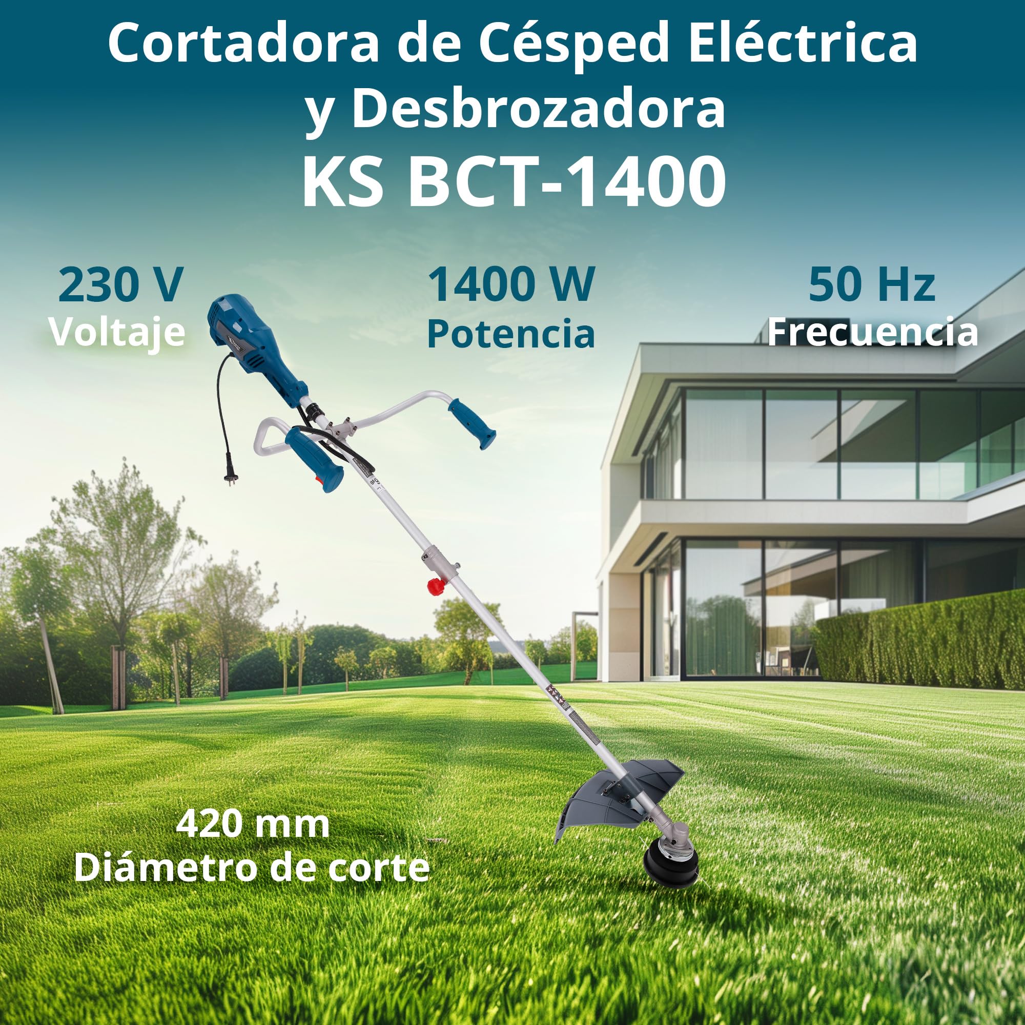 Könner & Söhnen KS BCT-1400 1400 W, Anchura de Corte 42 cm, Grosor de línea 1,6 mm, Cuchilla de Tres Hojas 255 mm, asa ergonómica para Bicicleta, Correa para el Hombro, Recortadora de jardín