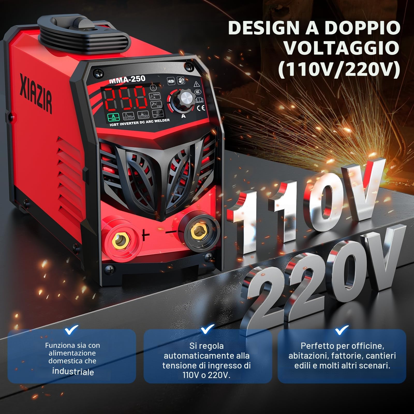 Saldatrice a elettrodo 250A 220V con display LED, saldatrice portatile IGBT con Hot Start, Arc Force & Anti-Stick, kit completo per fai-da-te, officina e fattoria