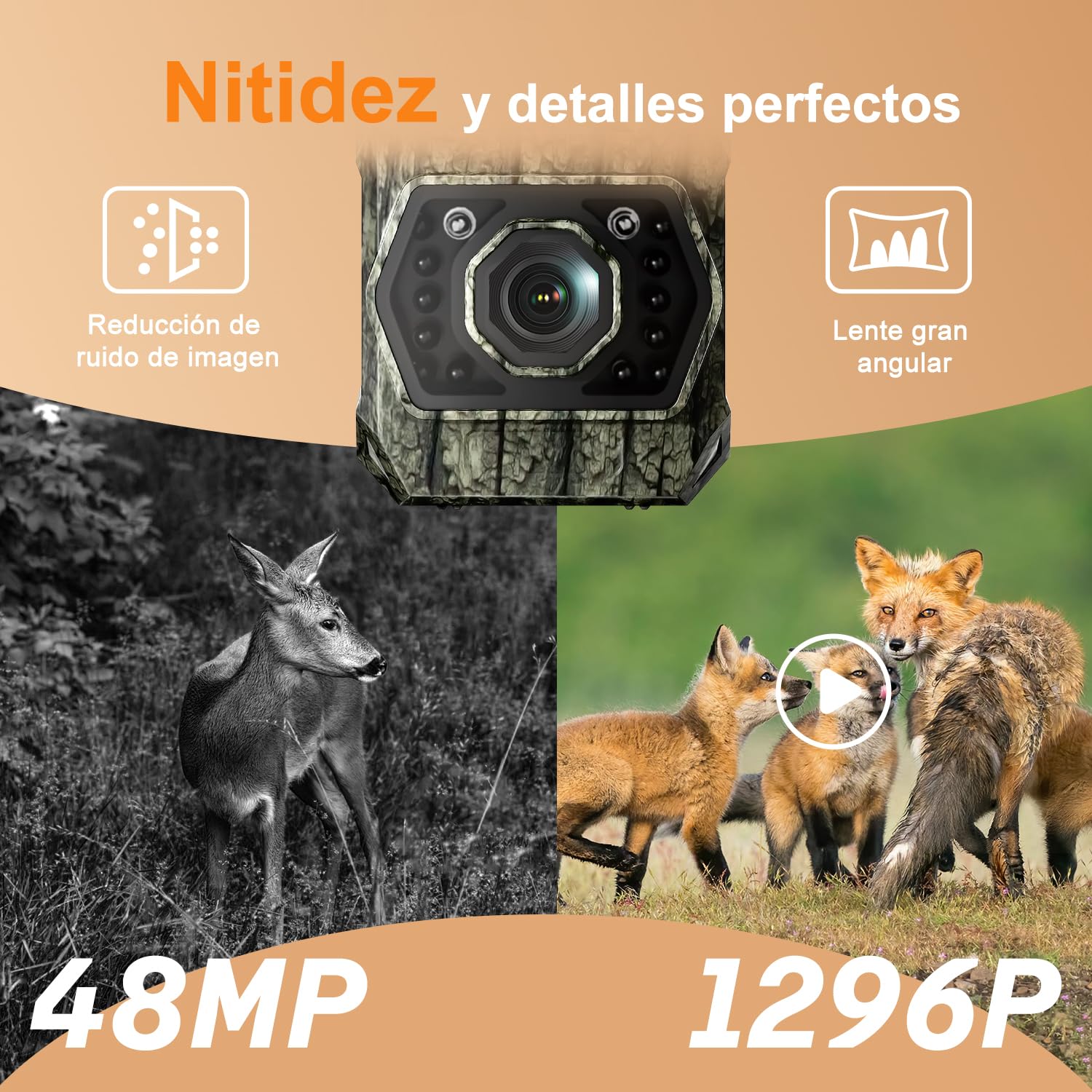 Camara Caza Fototrampeo, Cámara de Caza con Envio al Movil APP WiFi Camara Caza Vision Nocturna 48MP Solar Cámara Fototrampeo con Batería de 5200 mAh, 0.1s Velocidad de Disparo Caza Impermeable IP66