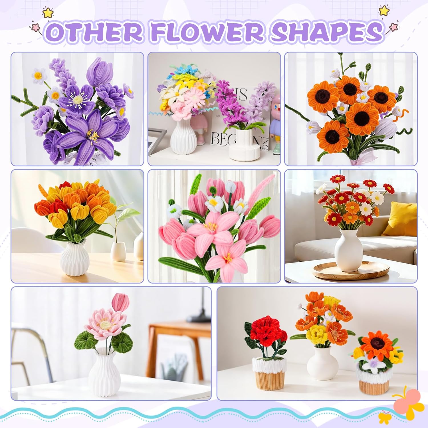 900 PCS Pipe Cleaners Craft, Pipe Cleaner Bulk Flower Kit 14 Colors Chenille Stems Flower Making Kit with Greeting Card, Floral Wires, Tape, Stamen, Floral Wrapping Paper & Ribbon for Art DIY Flowers