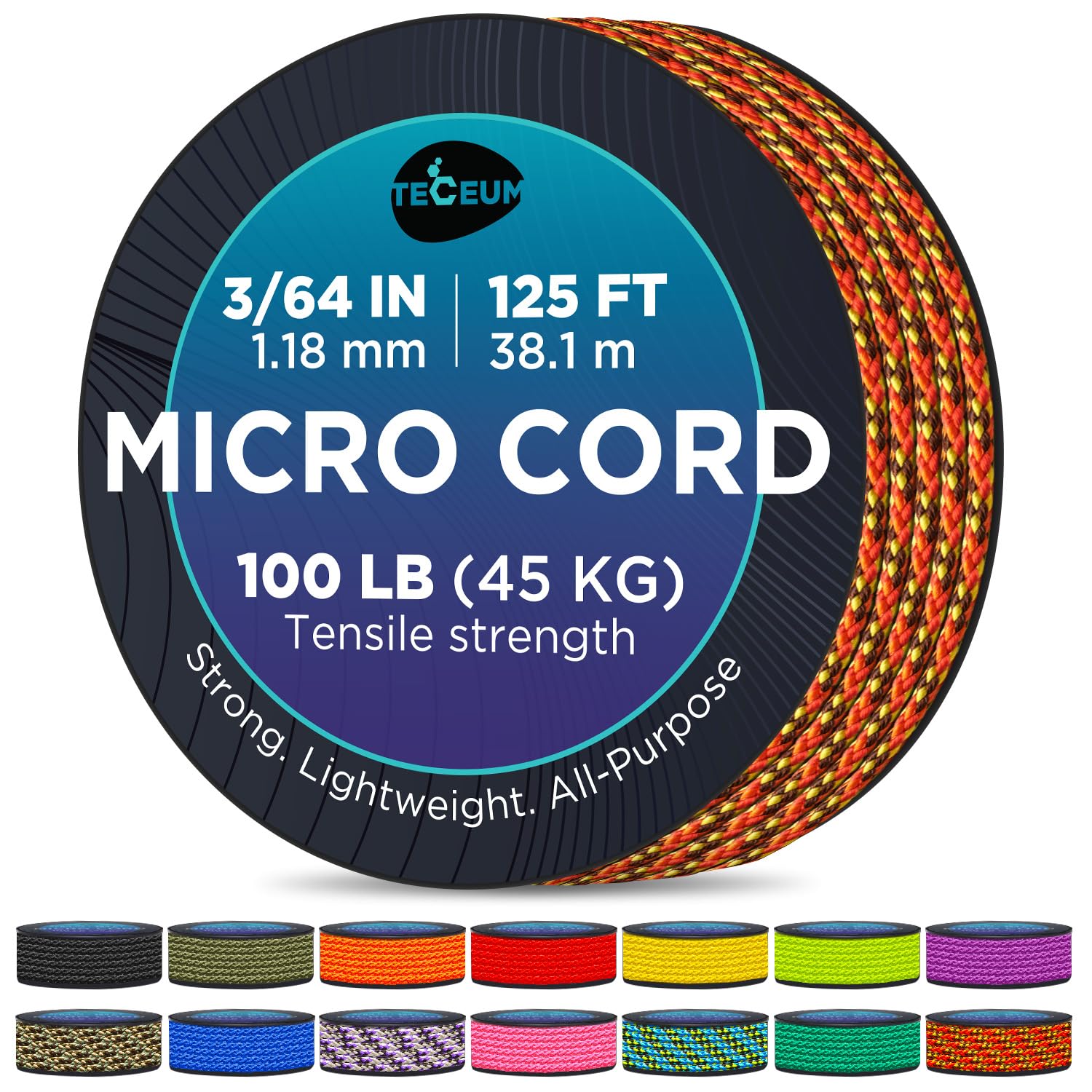 MICRO PARACORD: 1.18 mm thick. Color: Fireball. Length - 38.1 m. Tensile Strength: 45.35 kg (100 LB). Thin, lightweight and strong. Comes on a compact & convenient spool (77.98 mm x 77.98 mm). โ image 1