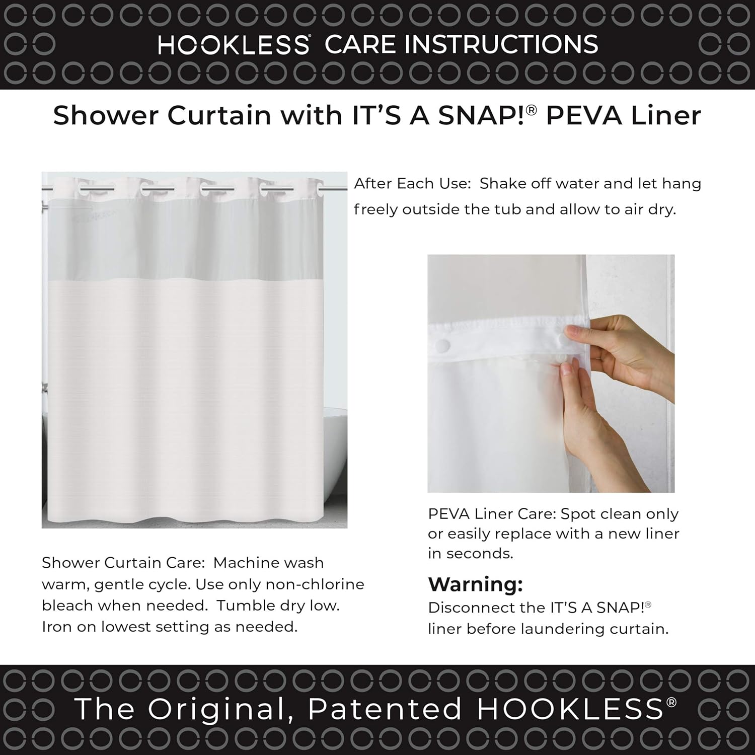 Hookless Fabric 3-in-1 Shower Curtain Set with PEVA It’s A Snap! Snap-in Liner and Window, 71x74 in., Bright White, 6-Pack