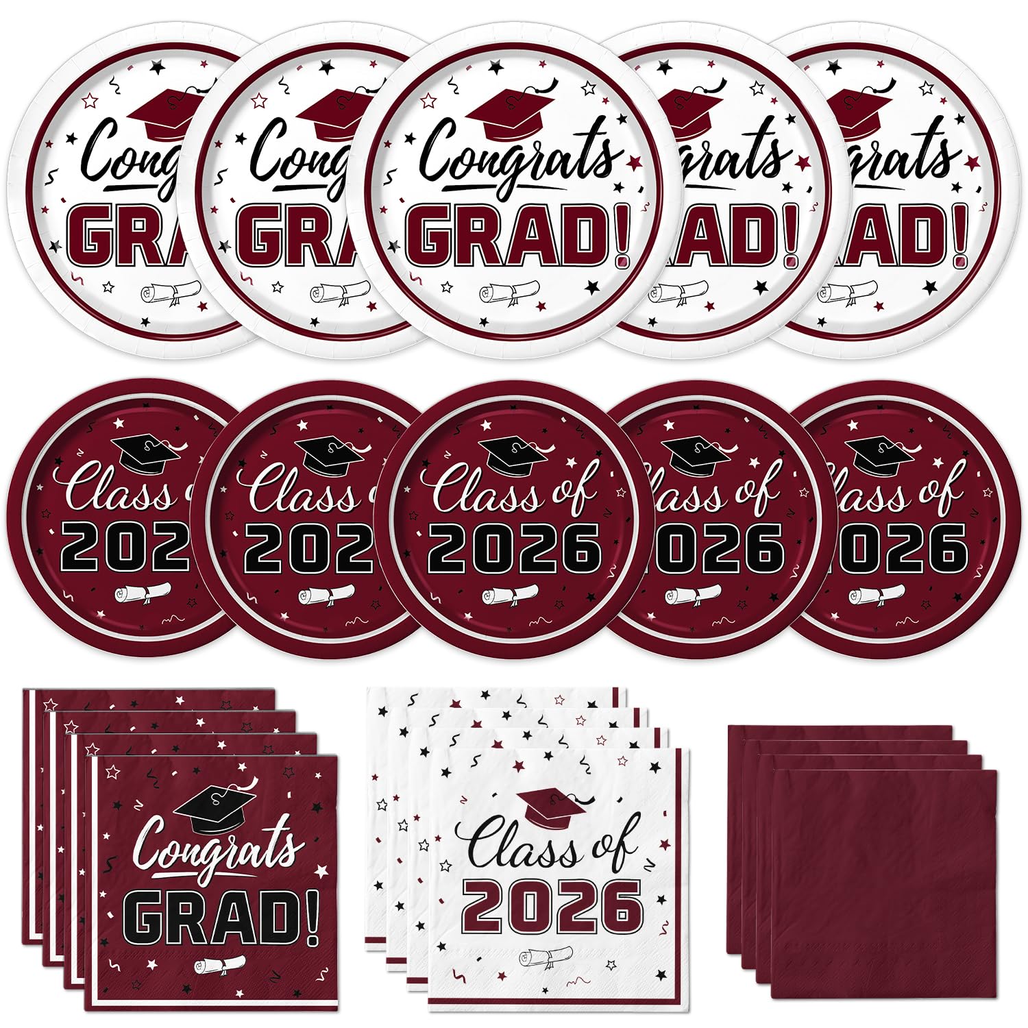 Graduation Party Supplies Kit Serves 50 - Graduation Party Maroon Class of 2026 Tableware, Disposable Dinner Plates, Dessert Plates, and Napkins for