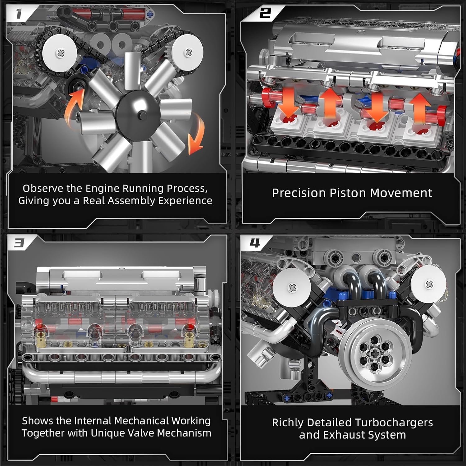 Detailed view of the V8 engine's internal mechanisms, including piston movement and valve mechanism