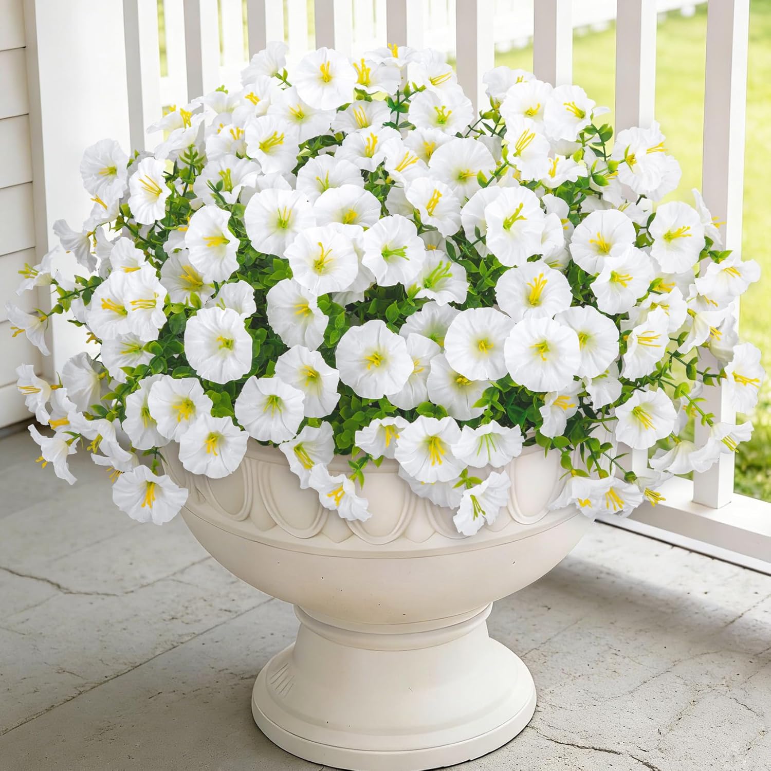 24 Bundles Artificial Flowers for Outdoors, Fake Silk Morning Glory Faux Eucalyptus UV Resistant Plastic Plants for Outside Planter Porch Garden Patio Spring Summer Home Decoration, White