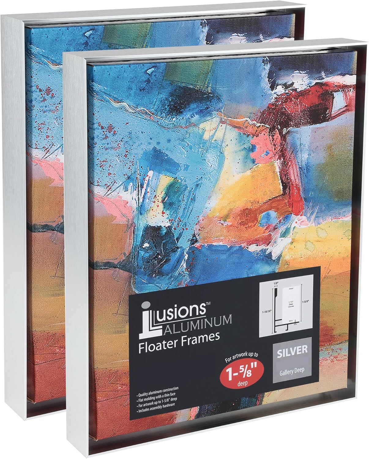 Creative Mark Illusions Aluminum Floater Frames 1-5/8" 2 Pack, 16x20" Silver - Canvas Floater Frames with Sleek Metal Exterior, Flat Molding & Assembly Hardware for Artists, Professionals, Galleries